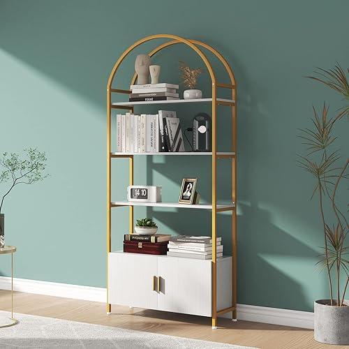 Saudism Estantería arqueada, estantería dorada con almacenamiento de puertas, estante dorado de 71 pulgadas de alto con marco de metal resistente,