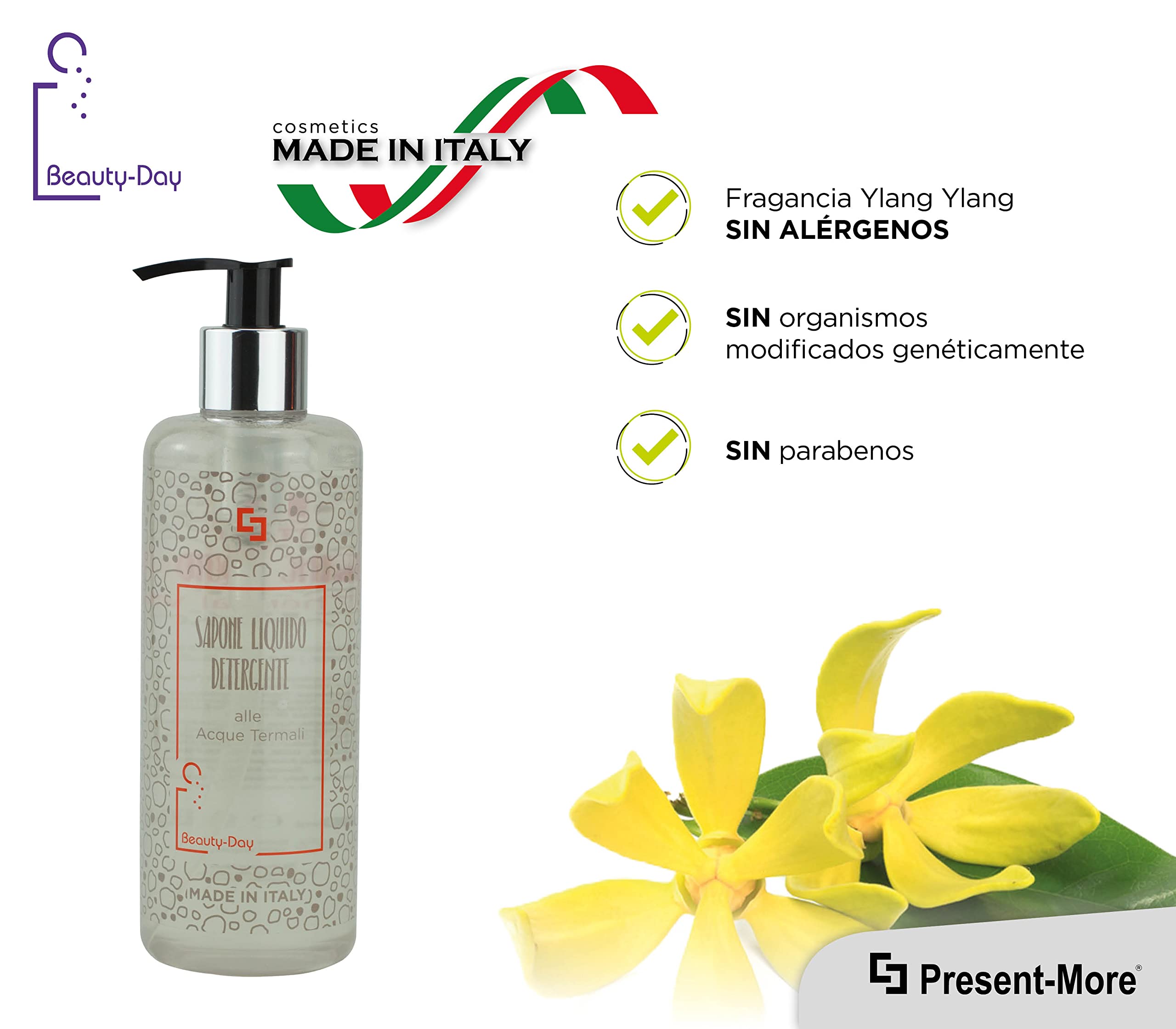 Present-More Jabon manos 300ml Beauty-Day Italy - Jabon líquido 15 unidades para Hoteles y B&B | Jabon líquido sin alérgenos con fragancia Ylang Ylang