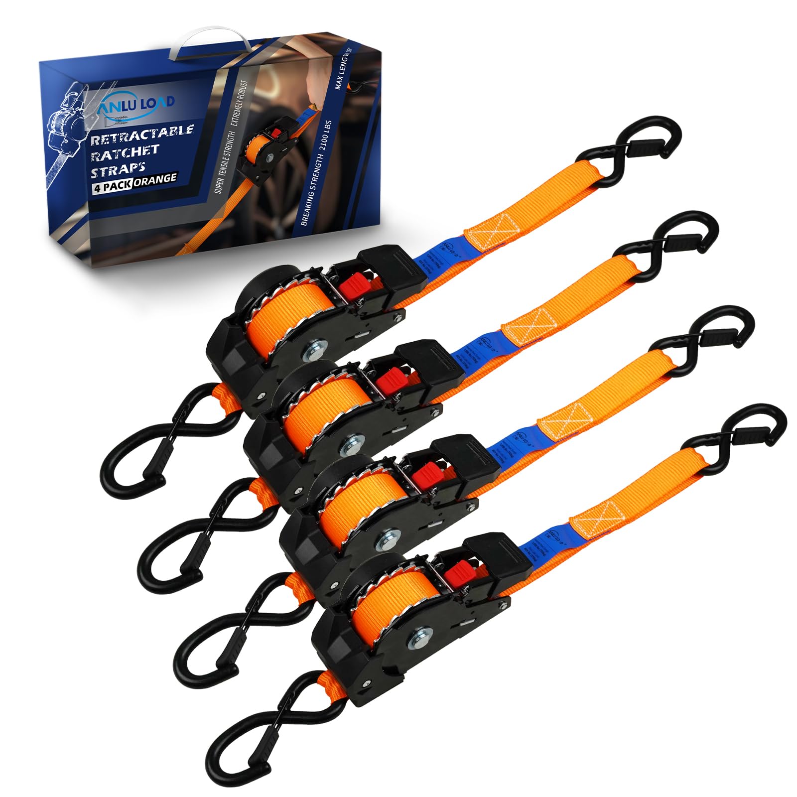 ANLULOAD Retractable Ratchet Strap(1 in x 9.8 ft),Ratchet Tie Down Strap for Motorcycles, Boats,Atvs,Utvs.W.L.L:700 Lbs/B.S:2,100 Lbs-(4Packs) (Orange