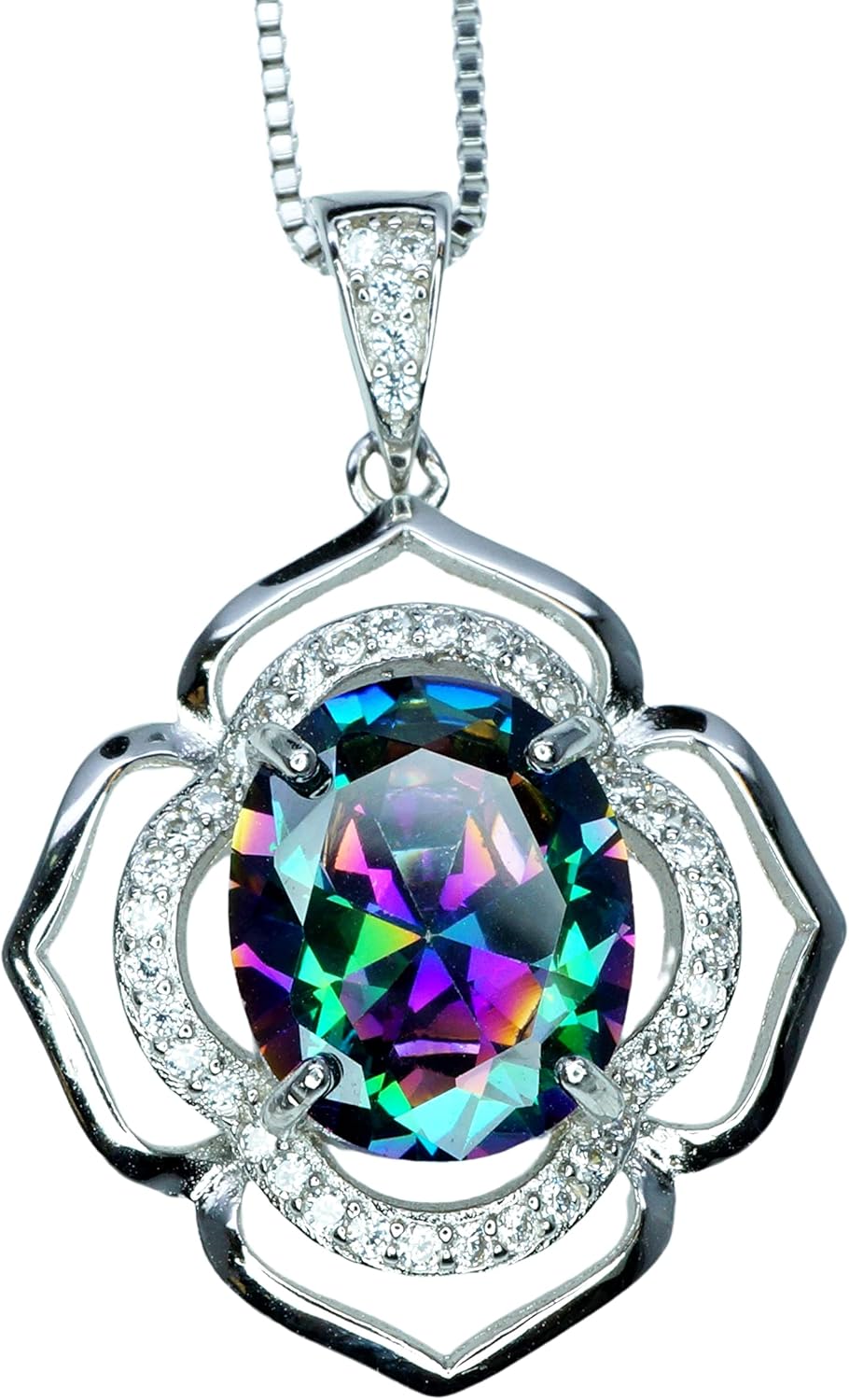 Large Mystic Topaz Necklace Sterling Silver White Gold Coated Flower Of Life Necklace 4.5 CT Mystic Rainbow Topaz Pendant
