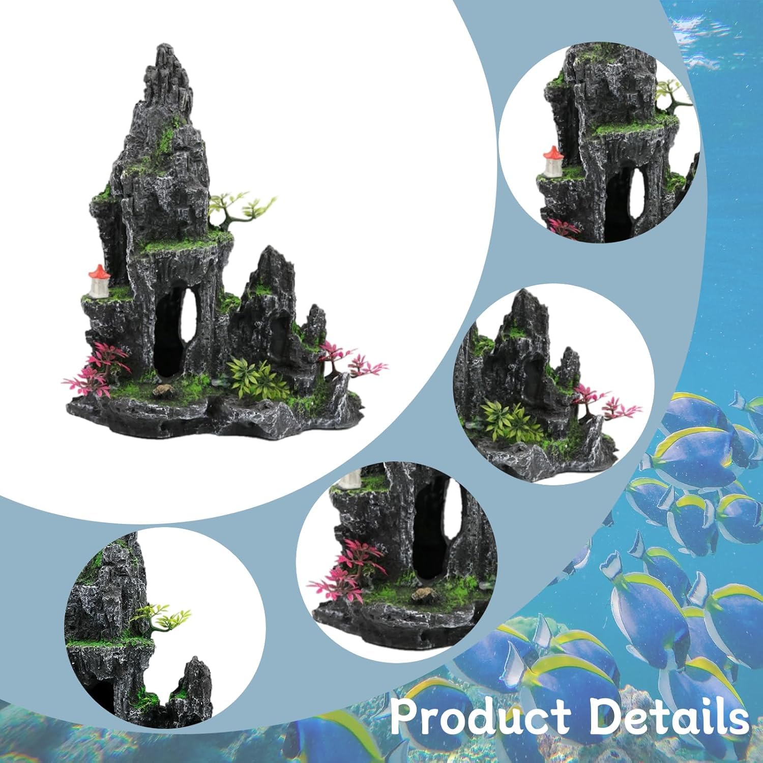 Decorazione per acquario in resina extra con grotta e casa sull'albero, grande ornamento tematico per acquario, decorazione per acquario (con piccoli pesci e piante acquatiche in plastica di