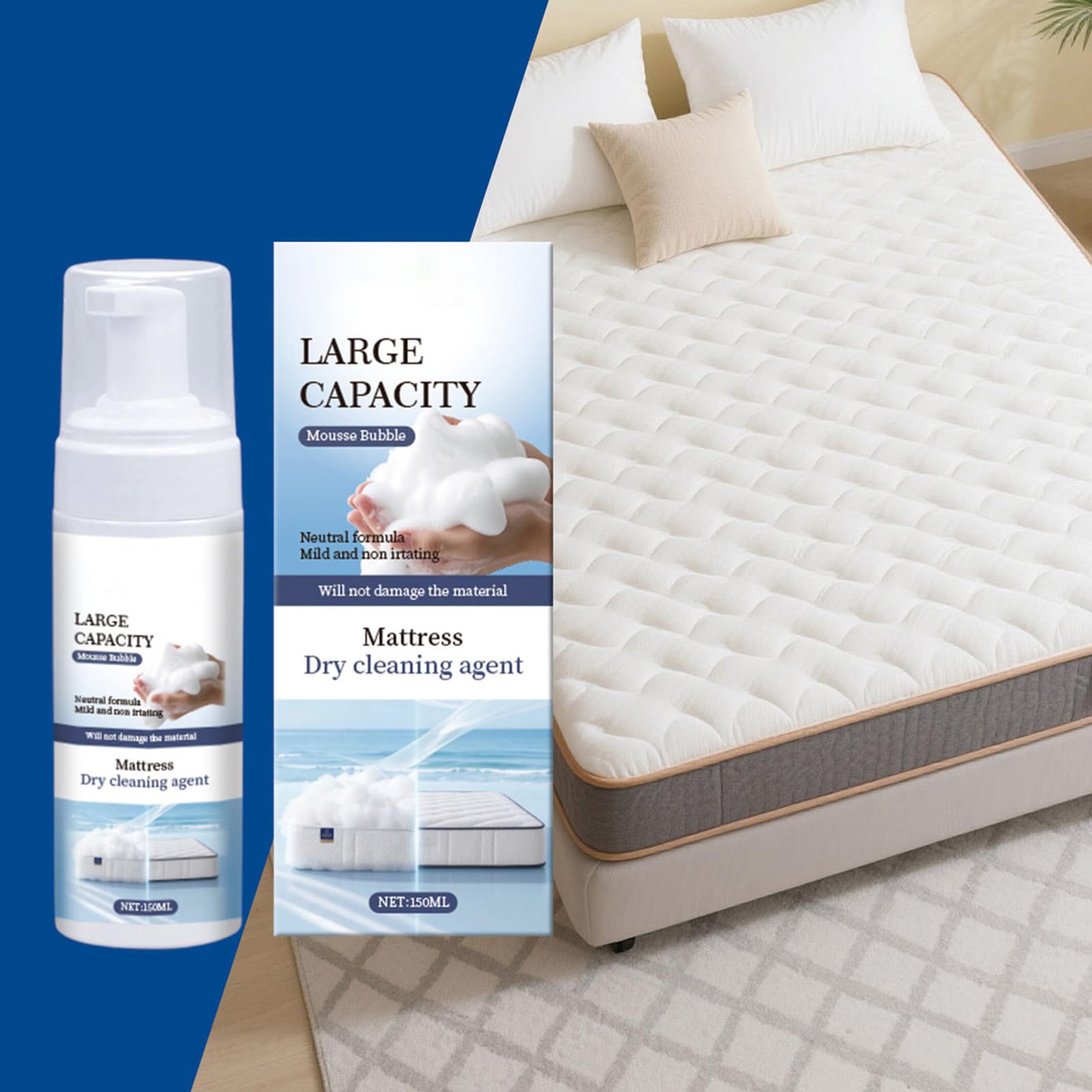 Détachant pour matelas - 150 ml - Nettoyage doux et frais à long terme - Spray multifonction - Pour canapés, rembourrage, dortoir, hôtel
