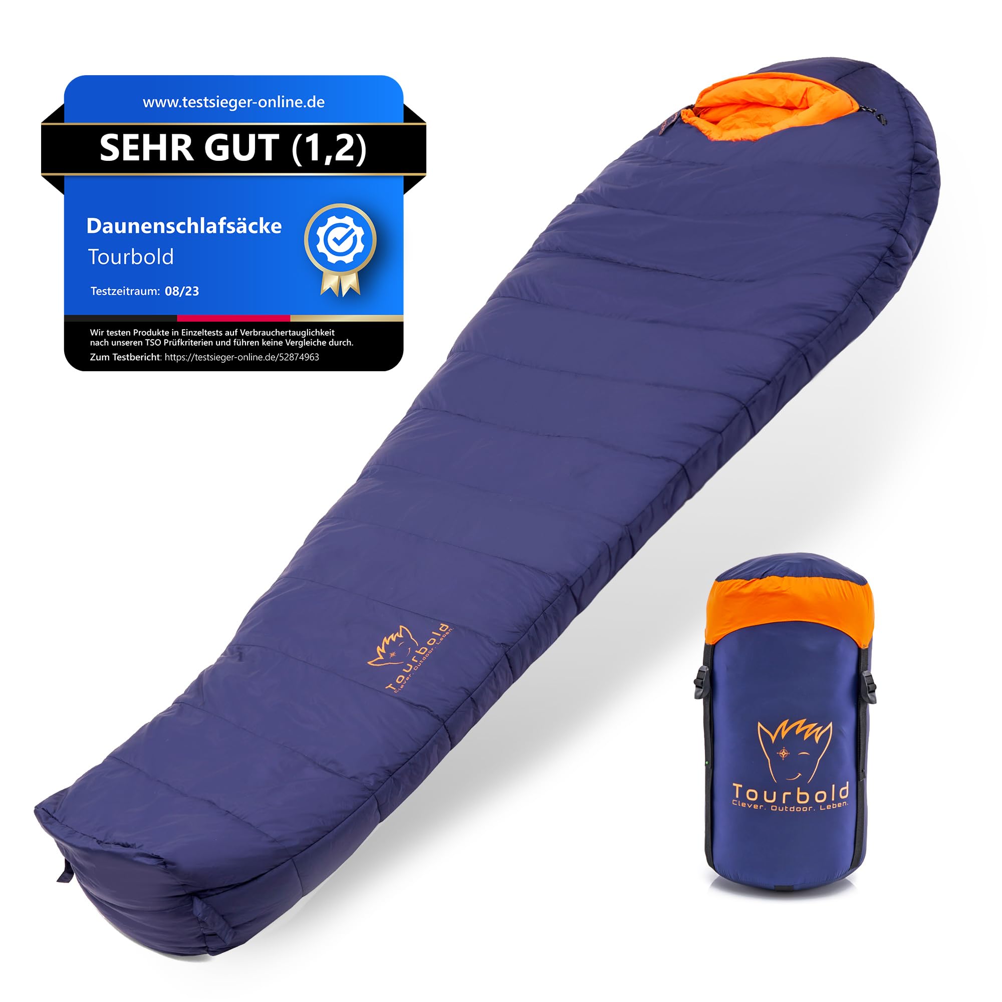 TOURBOLD® Daunenschlafsack Outdoor | 3 Jahreszeiten | Ultraleicht (1250 g) | Kleines Packmaß | Extra Langer Reißverschluss | Komfort-Schnitt | Mumienschlafsack | Camping Trekking Bergsteigen