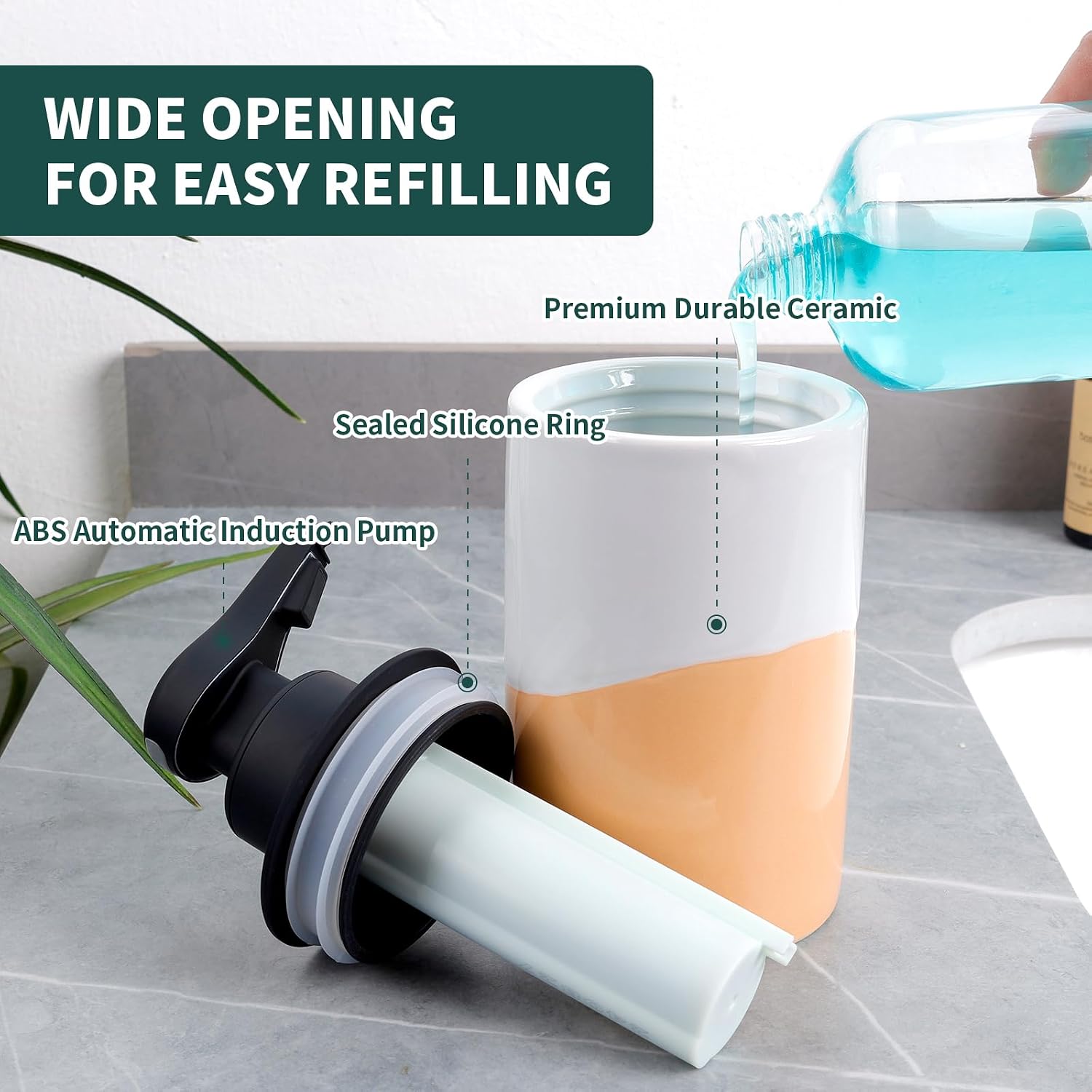 BosilunLife Automatic Soap Dispenser Ceramic Hand Free Soap Dispenser with Waterproof Pump Rechargeable Smart Electric Soap Lotion Dispenser Touchless for Kitchen Bathroom (White-Orange, Liquid Pump)