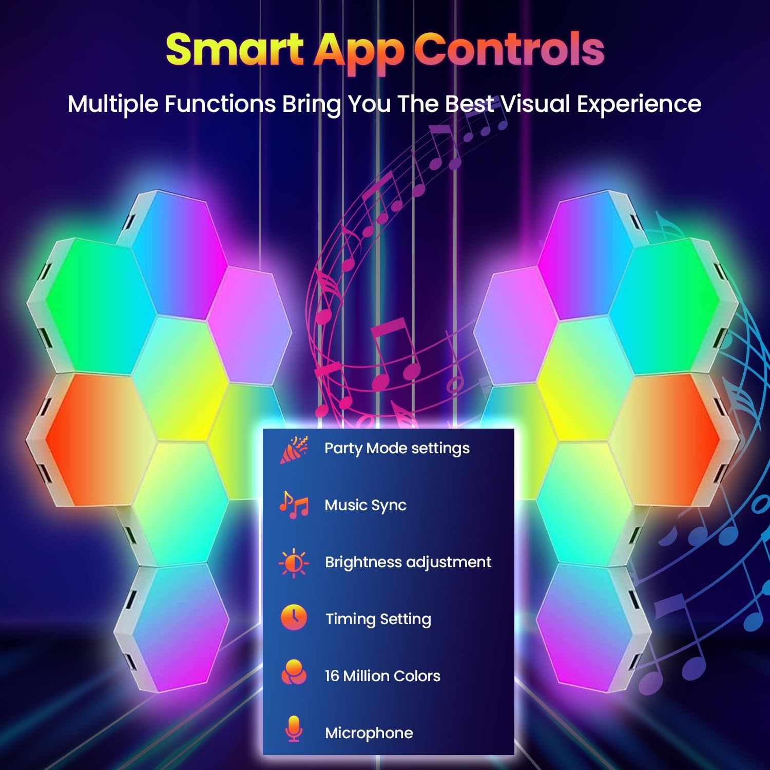 Paquete de 16 luces LED hexagonales RGB, paneles de pared con aplicación y control remoto, sincronización de música, juegos, sala de estar, dormitorio