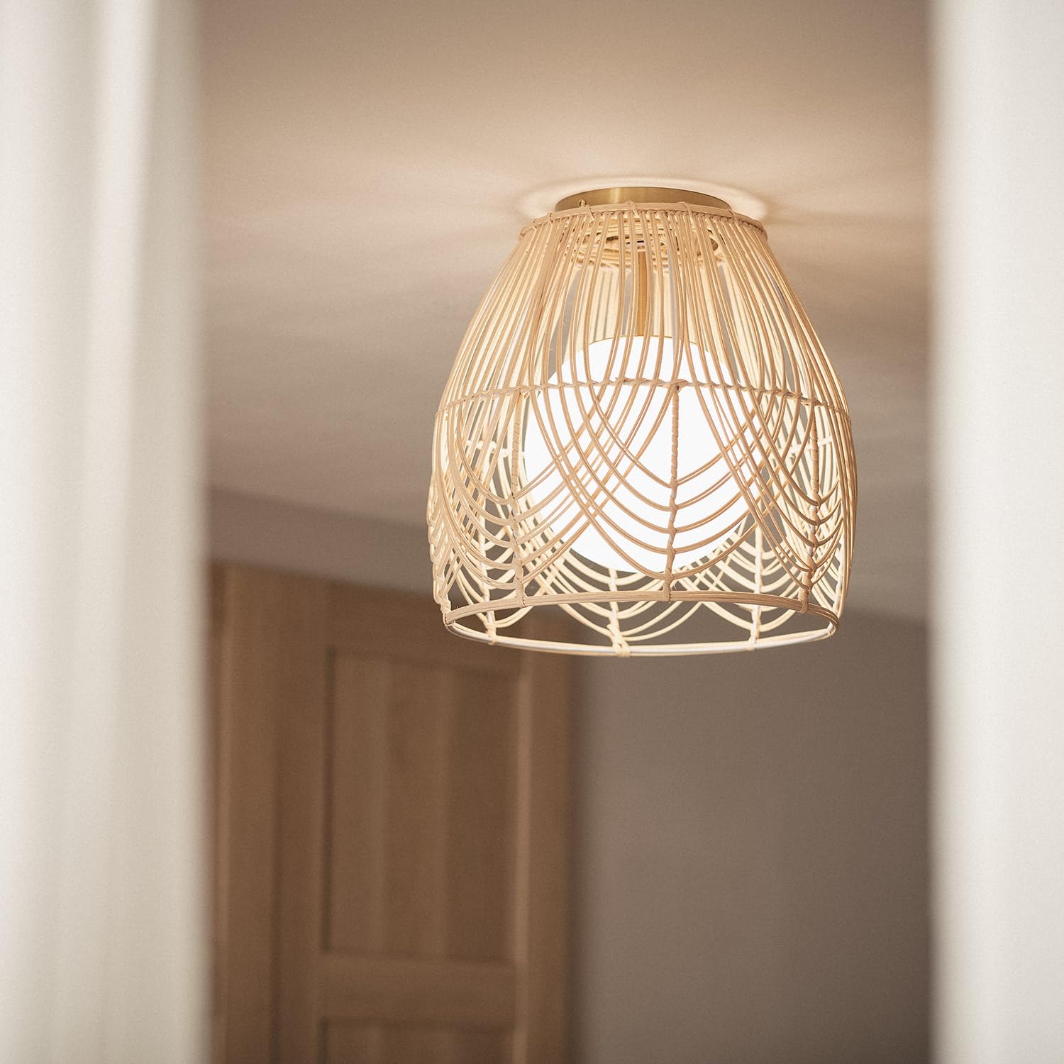LEDKIA Plafón de Techo Ratán y Cristal Bagrat Natural | Ideal para Cocina, Comedor, Habitación