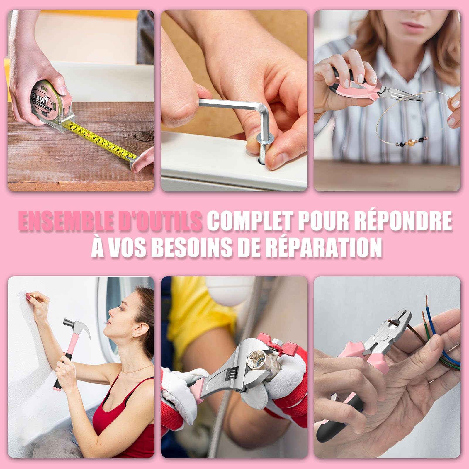 Perceuse à Percussion Sans fil 12V - Sundpey Malette Outils 206 Pièces, avec Jeu de Tournevis et Pinces, Caisse a Outil Complete avec Perceuse pour Jardin, Bureau, Réparation à Domicile Rose