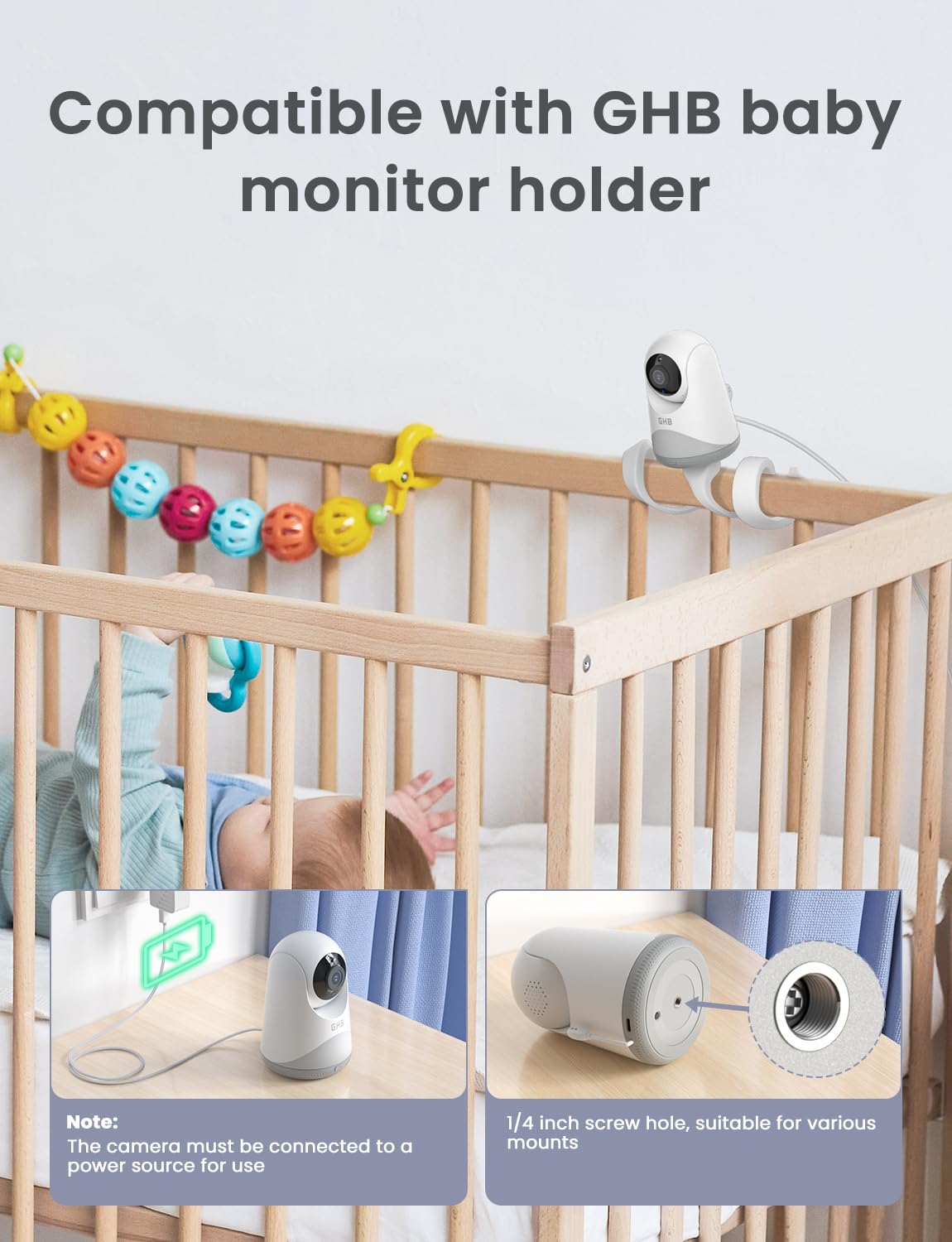 GHB Moniteur bébé avec caméra et vision nocturne Pan-Tilt Zoom 5 pouces 720p IPS Écran 2 voies VoX, température ambiante, berceuses