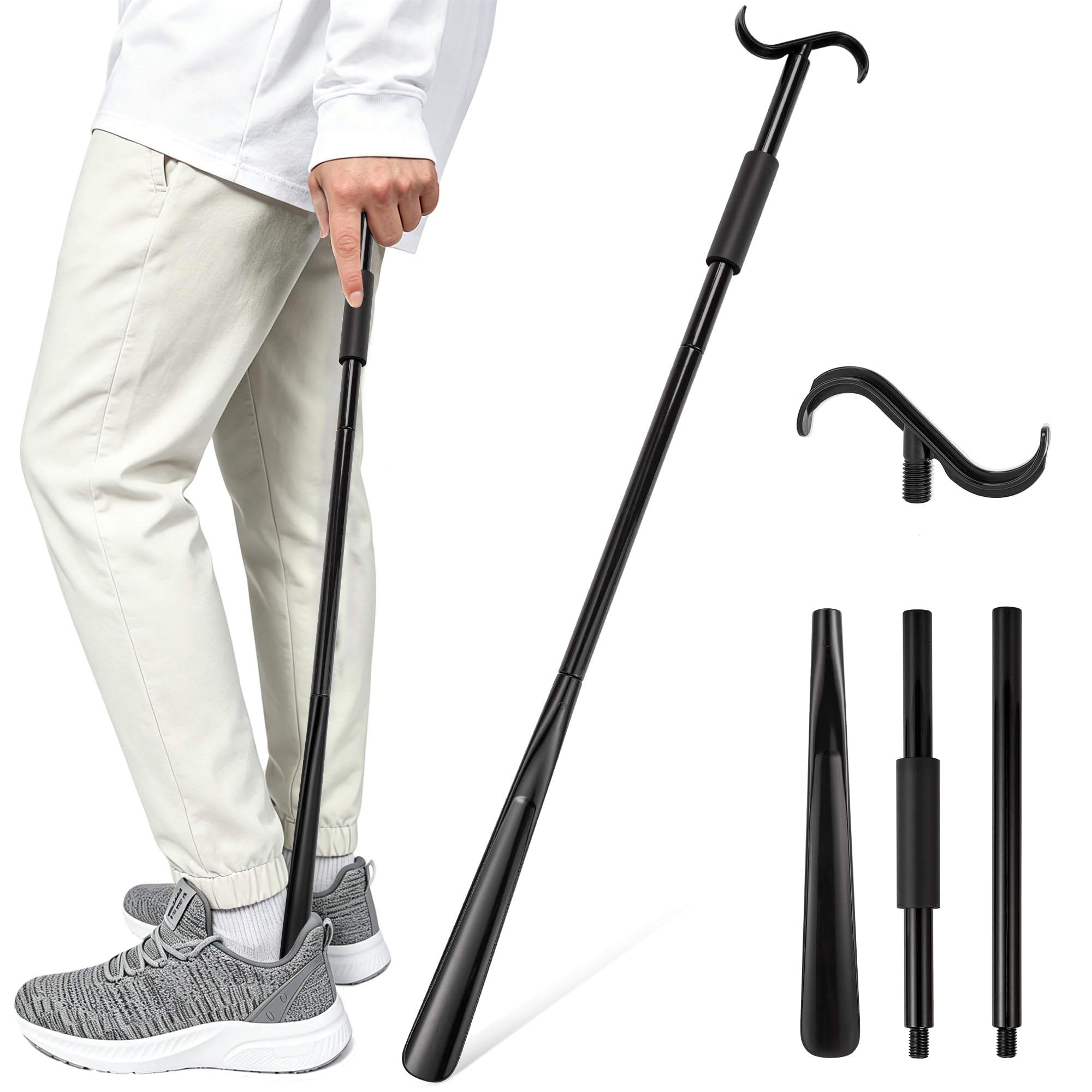 35" Long Dressing Stick, Shoe Horn, Sock Remover Tool - Adjustable Extended Dressing Aid for Shoes, Socks, Shirts, Pants, Independent Living Aids for Seniors Elderly Disabled (Black)-image-24