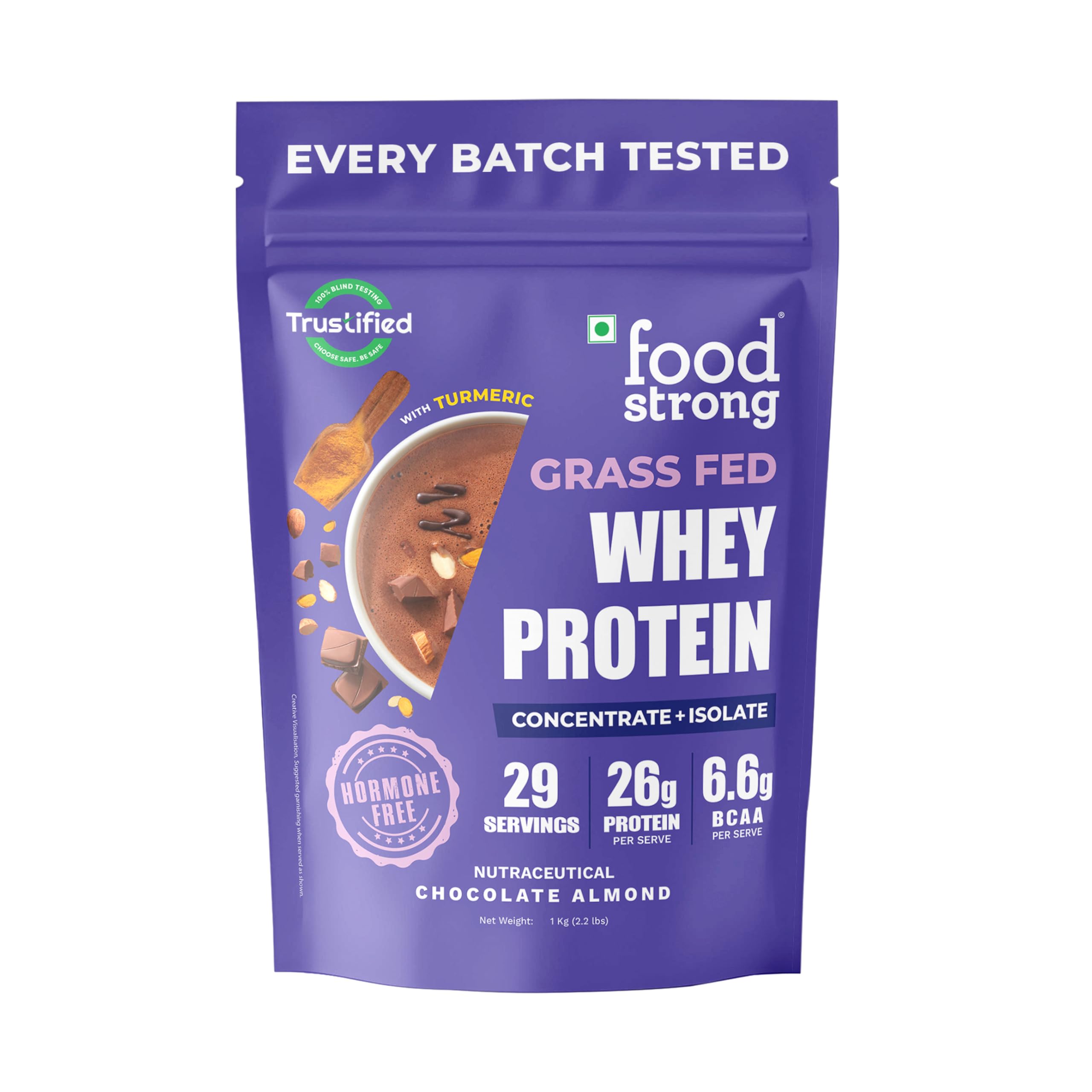 Foodstrong Whey Protein Powder (Concentrate + Isolate), 100% Hormone Free Grass-Fed Whey, 26G Protein & 6.6G BCAA, Chocolate Almond, With Turmeric & Digestive Enzymes, 1KG