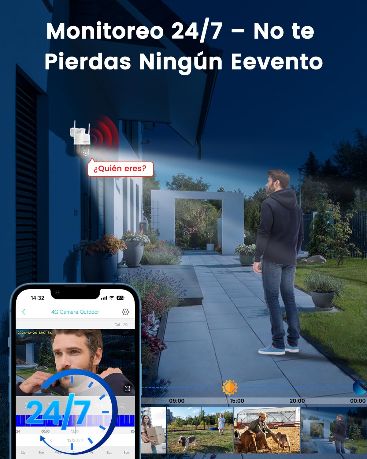Bextgoo Camara Vigilancia SIM, 4MP 4G LTE Videovigilancia sin Internet con Tarjeta SIM, 24/7 Camara 4G sin WiFi, 360° Seguimiento Automático, Detección Movimiento AI, Visión Nocturna Color, IP66