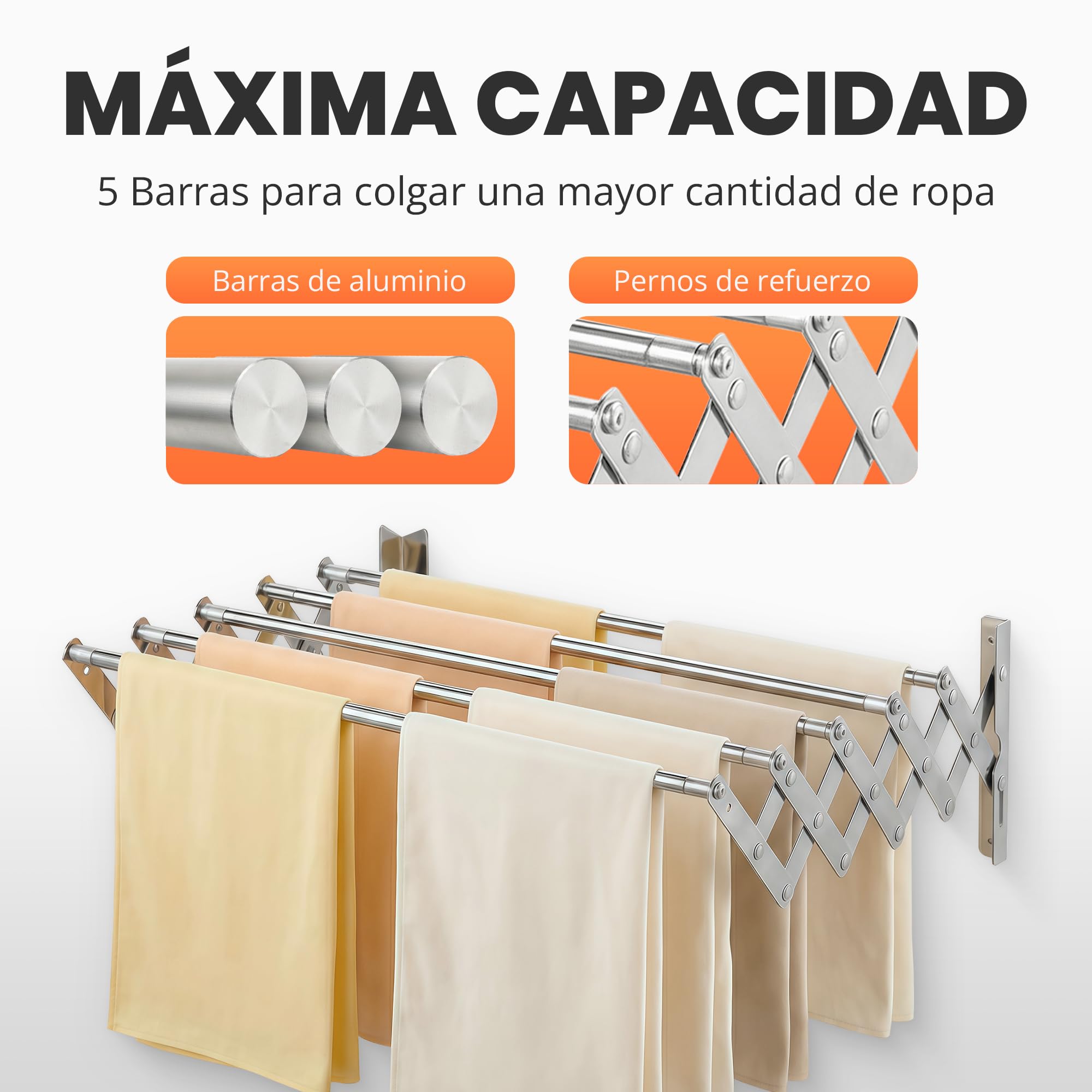JUPPLIES Tendedero Extensible Pared 100 cm - Tendedero Plegable de Pared de Interior o Exterior Apto para Todo Tipo de Ropa con 5 Barras de Secado - Pinzas Incluidas