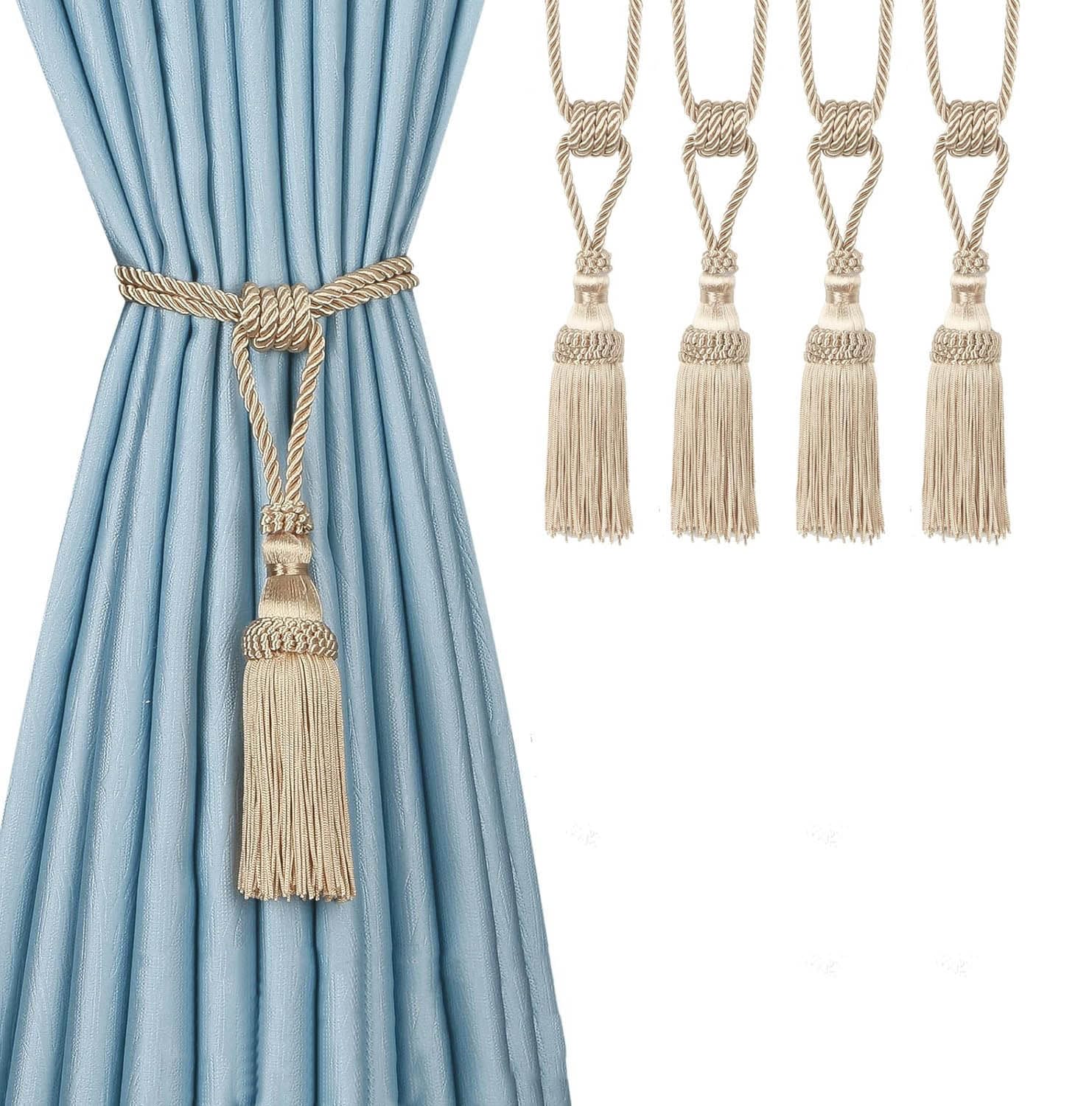 BEL AVENIR 4PCS Curtain Tassel Tiebacks, Handmade Tassels Curtain Tie-Backs Rope Holdbacks for Home Office Decor-Beige