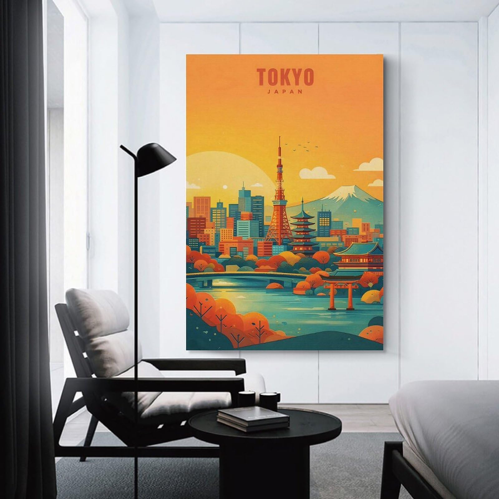 Junmoney Wall Picture Print Tokyo Cityscape with Mount Fuji, 24x36inch(60x90cm), for Lounge, Bedroom Or Personal Spaces, Canvas Artwork with Gifting Potential