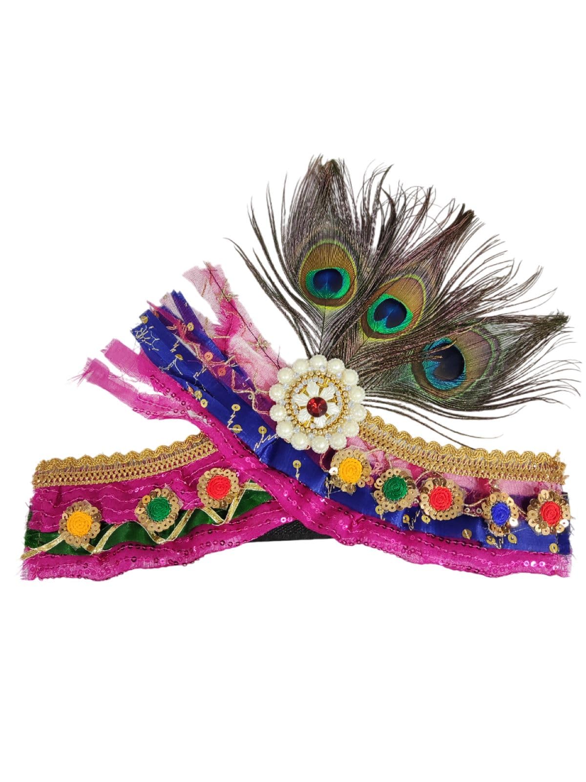 BookMyCostume Traditional Krishna Pagdi for Kids & Adults – Handmade Crown with Peacock Feather & Embellishments | Krishna Mukut for Baby Boy | Adjustable Velcro | Janmashtami Fancy Dress Accessory-image-35