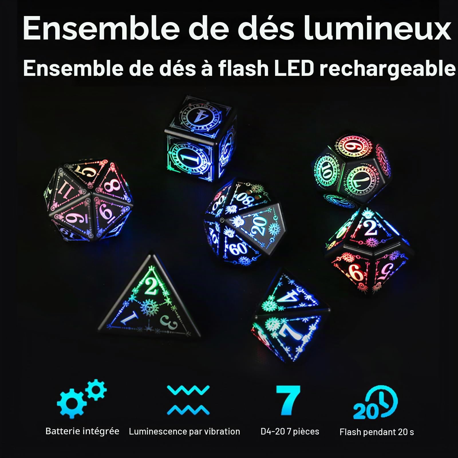 ORUZA Lot de 7 dés lumineux DND à DEL rechargeables avec boîte de charge, dés D&D polyédriques lumineux pour jeux de rôle Donjons et Dragons RPG MTG