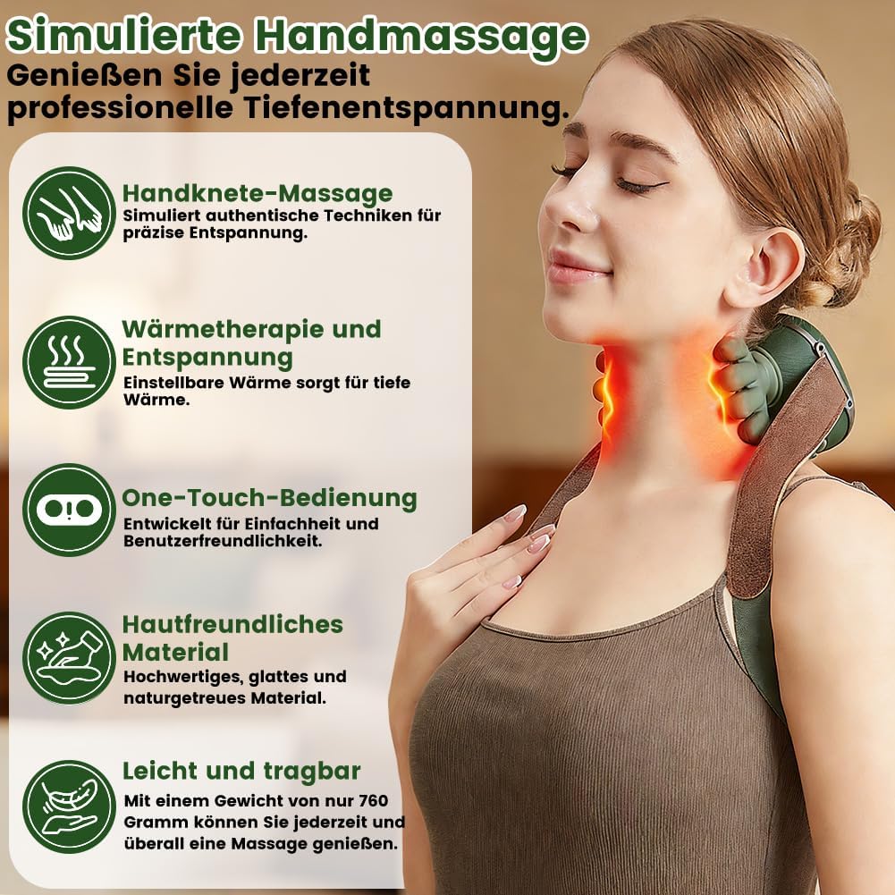 4d Nackenmassagegerät Kabellos, Elektrische Shiatsu NackenmassagegeräTe mit LED, Schulter Massagegerät mit Händen, 3 Massagestufen und 2 Heizstufen, für Zuhause, Büro, Reisen