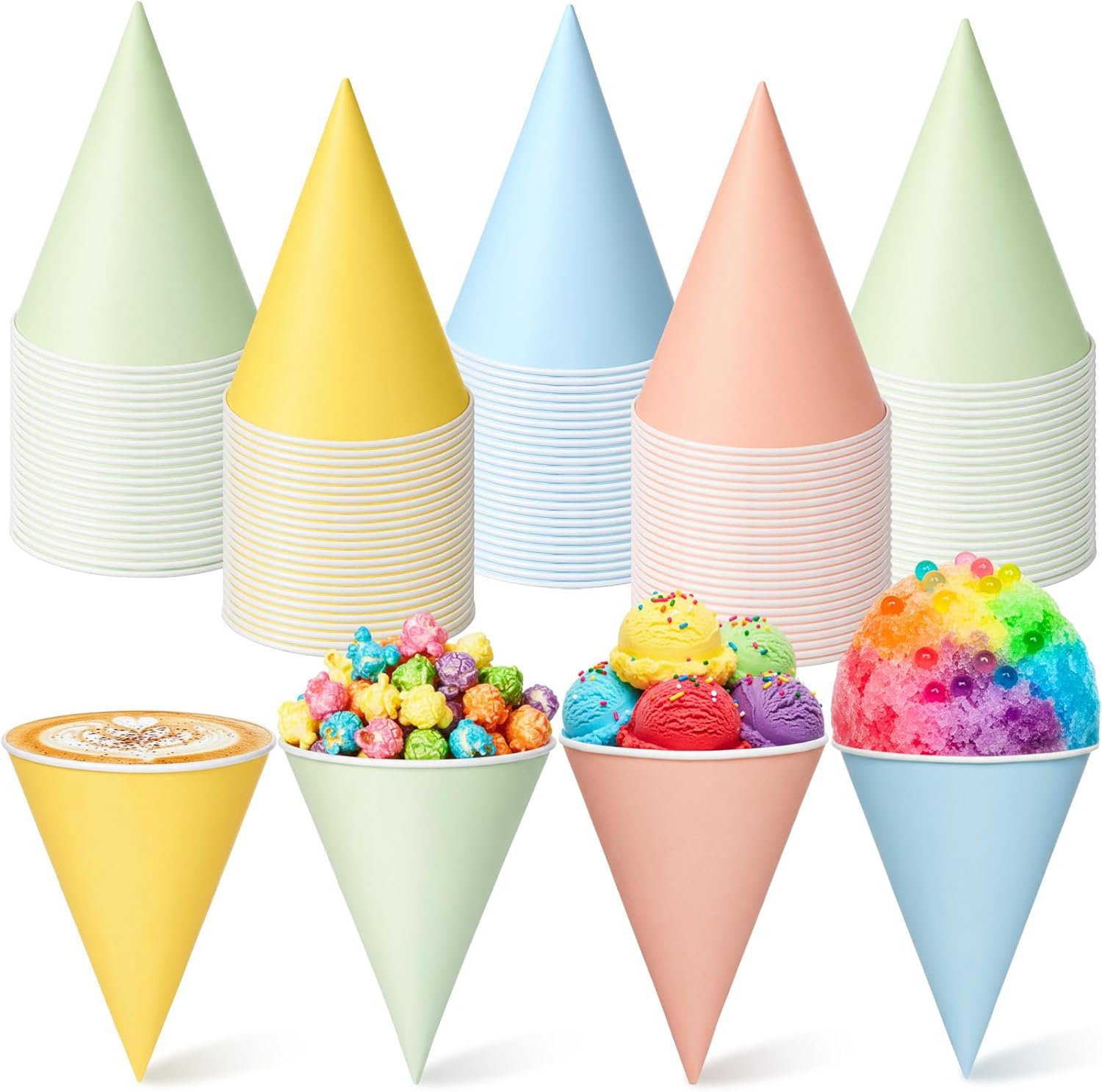 Honeydak 200 Pcs Snow Cone Cups 6 oz Pastel Disposable Macaron Shave Ice Cream Paper Cups for Slush Shaved Ice Cream Sorbet Water Syrup Summer Spring Party Supplies
