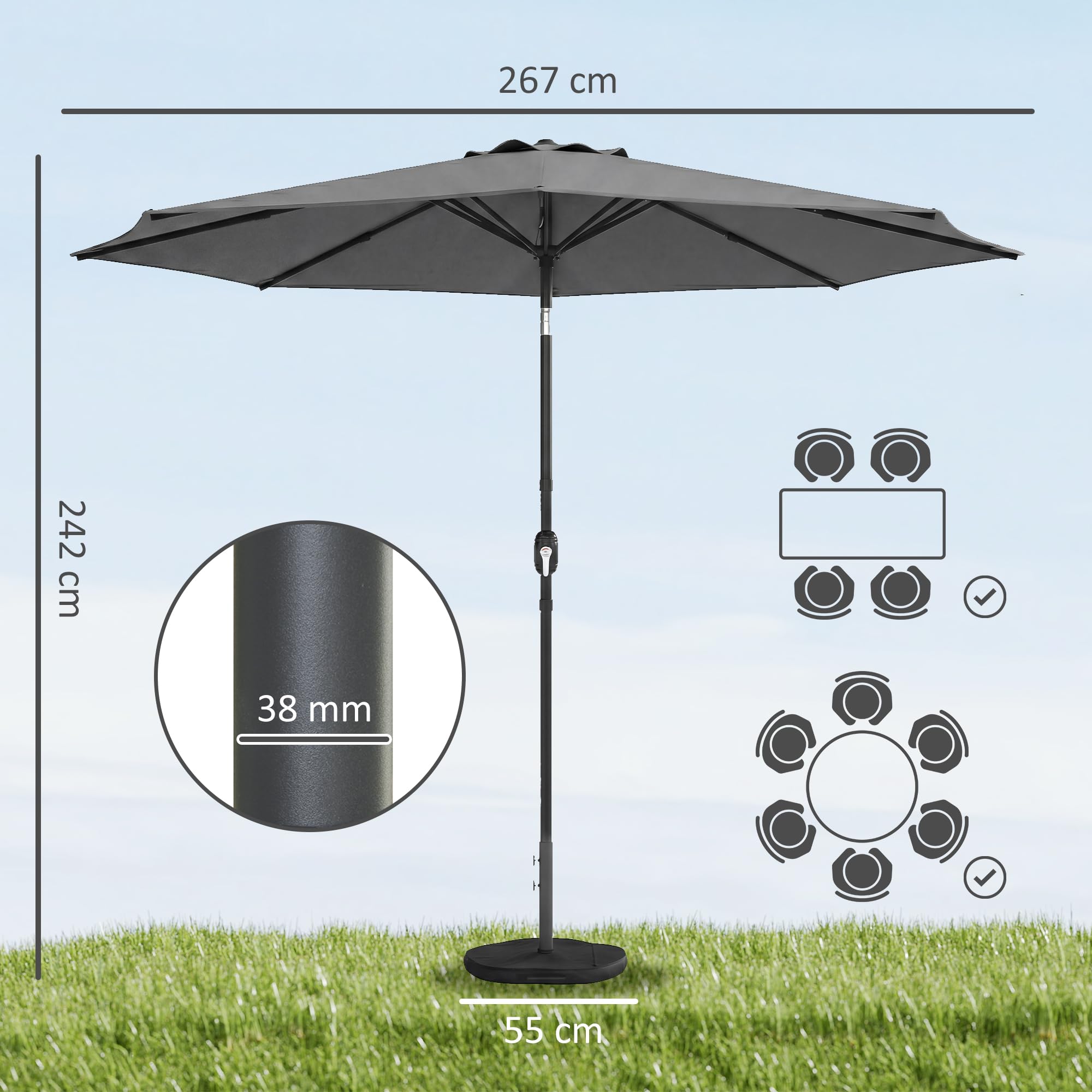 Outsunny 2.7 m Garden Parasol Umbrella with Cross Base and Sandbag, Retractable Ribs, Outdoor Table Market Patio Umbrella Sun Shade with 30 Degree Tilt and Crank, Vent — view 7