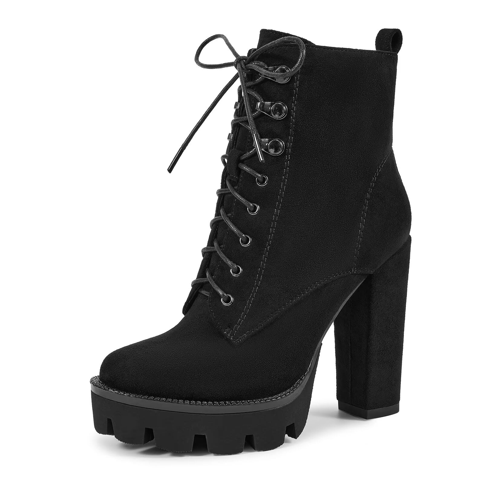 wetkiss Platform Boots for Women Heeled Combat Boots Chunky Heel Booties Round Toe Lace Up High Heel Ankle
