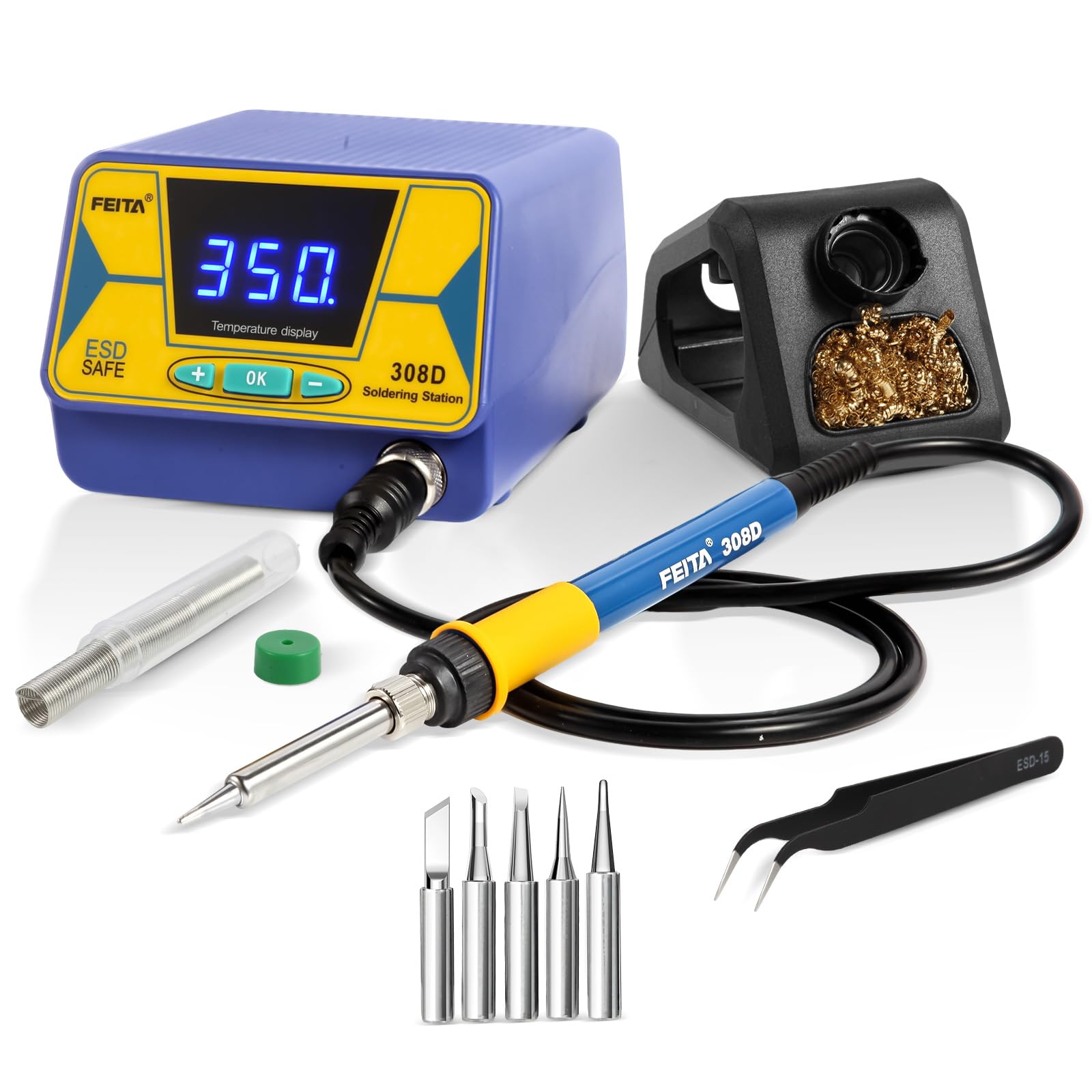 FEITA 308D Soldering Station, Upgraded, 80 Watt Equivalent with 3 Preset Temp, Digital Display, Auto Sleep, Calibration Support Function, Solder Tips, Lead-Free Solder & Cleaning Kit