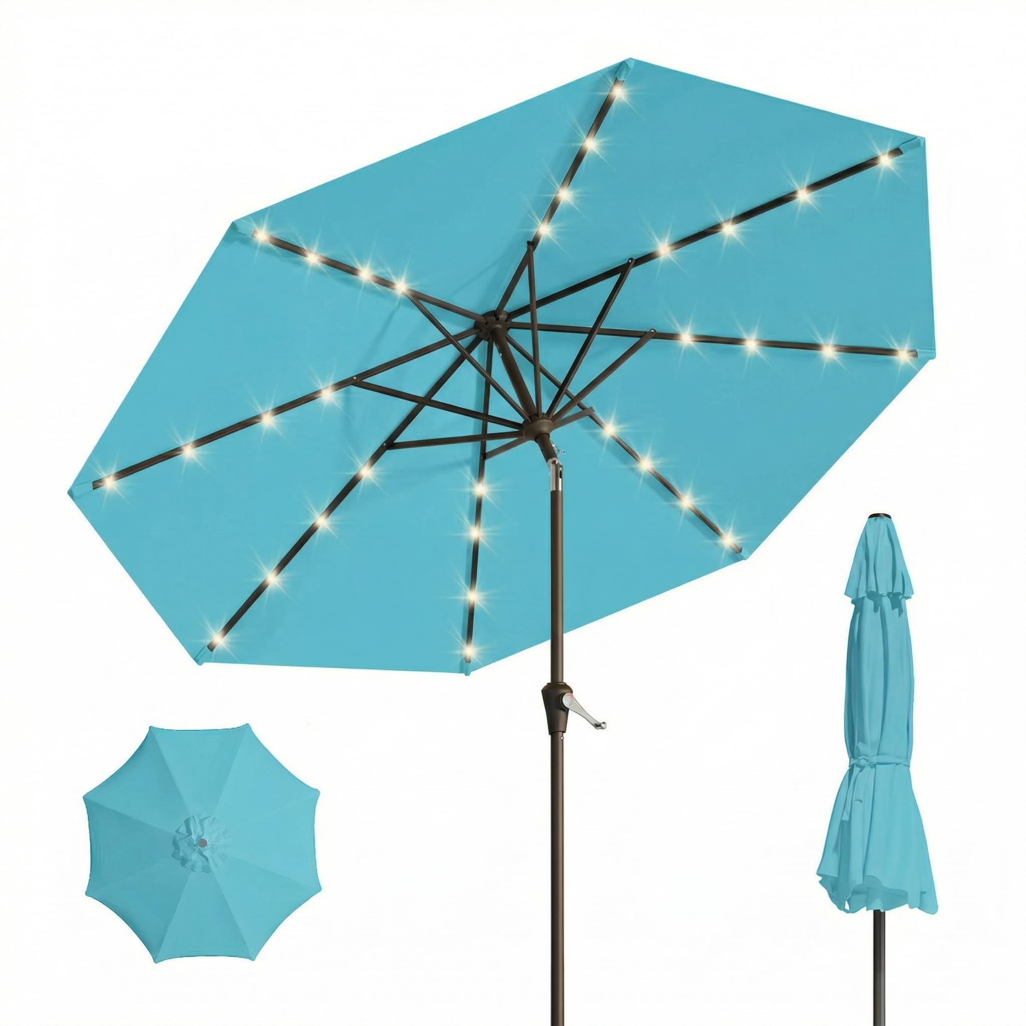 Photo 1 of Patio Kingdom 10FT Solar Umbrella 32 LED Lighted Patio Umbrella Table Market Umbrella w/Tilt and Crank, UV-Resistant Outdoor Umbrella for Pool, Garden, Deck, Sky Blue