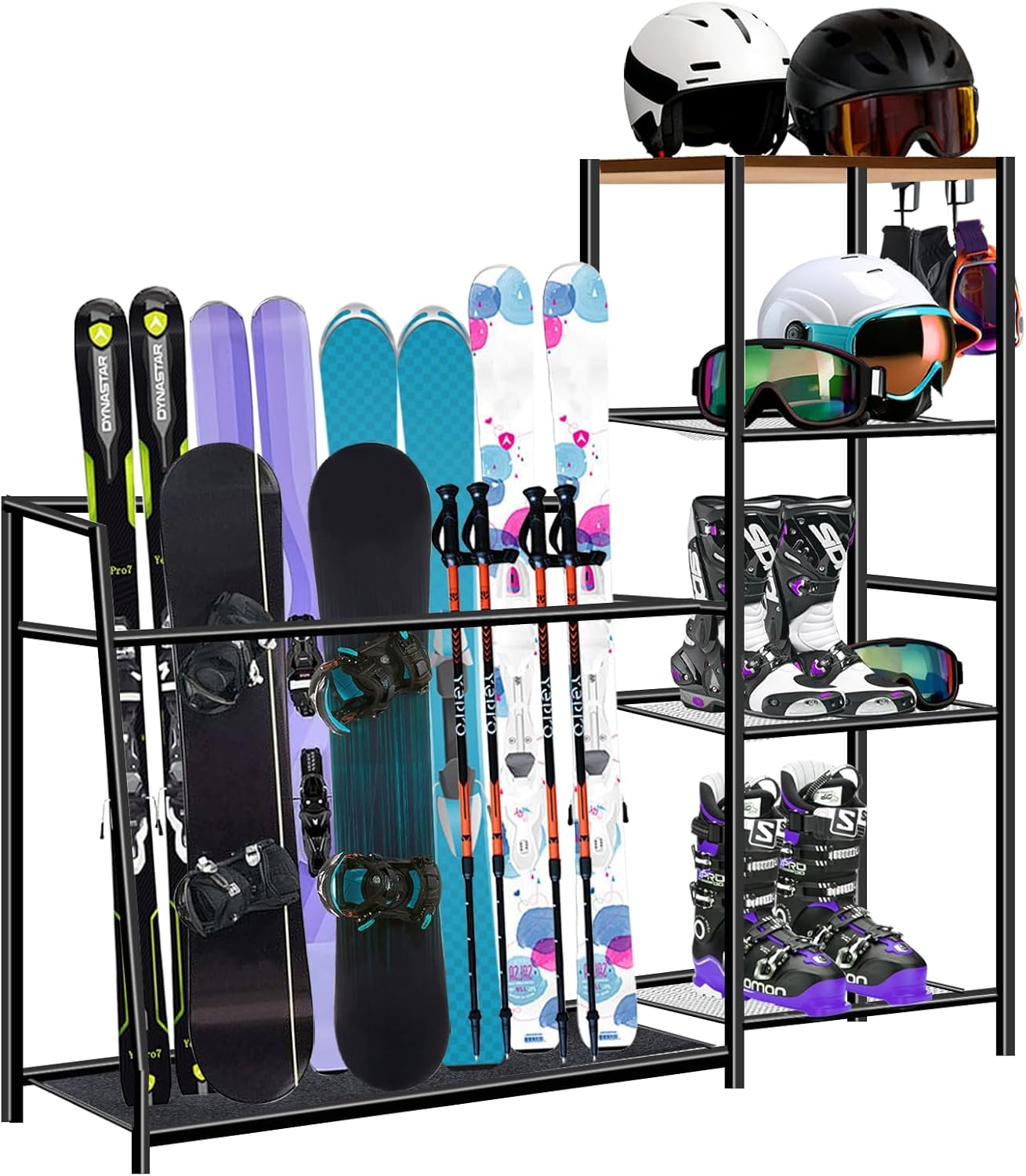 Freestanding Ski Rack for Garage - Ski Holders for 4 Pairs of Skis, Boots, Poles, Goggles, Helmets & Gear, Steel Floor Stand Ski Organizer for Garage, Shed, Basement