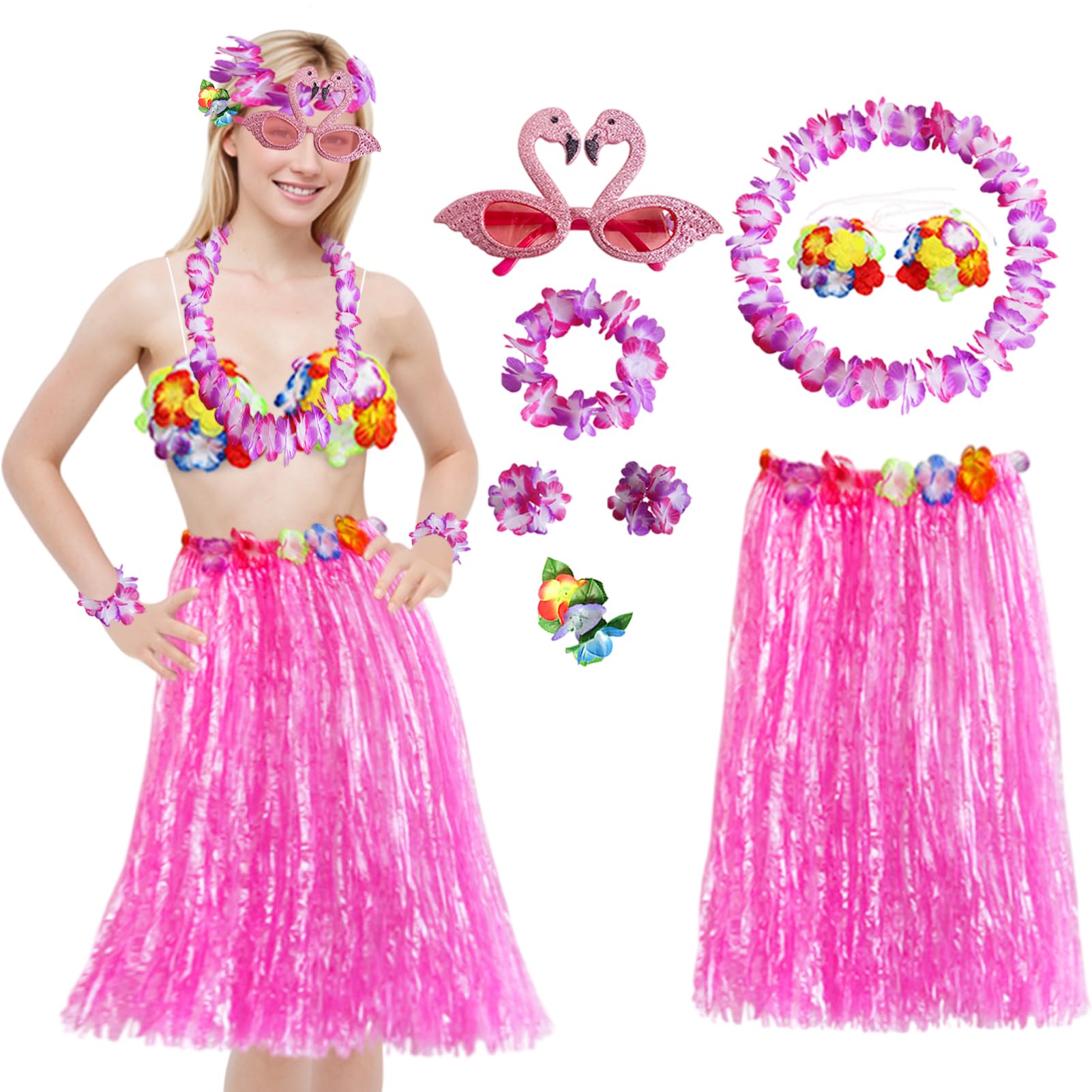 8 Pcs Hawaiian Hula Costume Set,40cm Hawaiian Grass Skirt,Hawaii Leis,Flower Bikini Top,Hibiscus Hair Clip Set,for Adults Fancy Dress Supplies Party Summer Beach Tropical Party Decorations (pink)