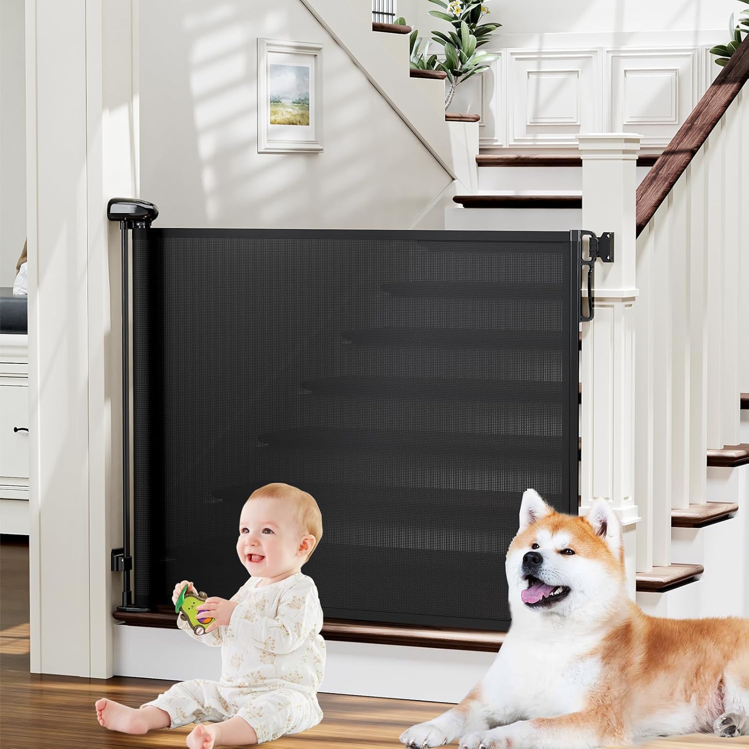 Nnewvante Retractable Baby Gates for Stairs, Retractable Dog Gate Indoor Extends to 54" Wide 34" Tall, Child Gates for Doorways, Stair Gate Use for Outdoor, Indoor, Hallways, Doorways, Deck, Porch