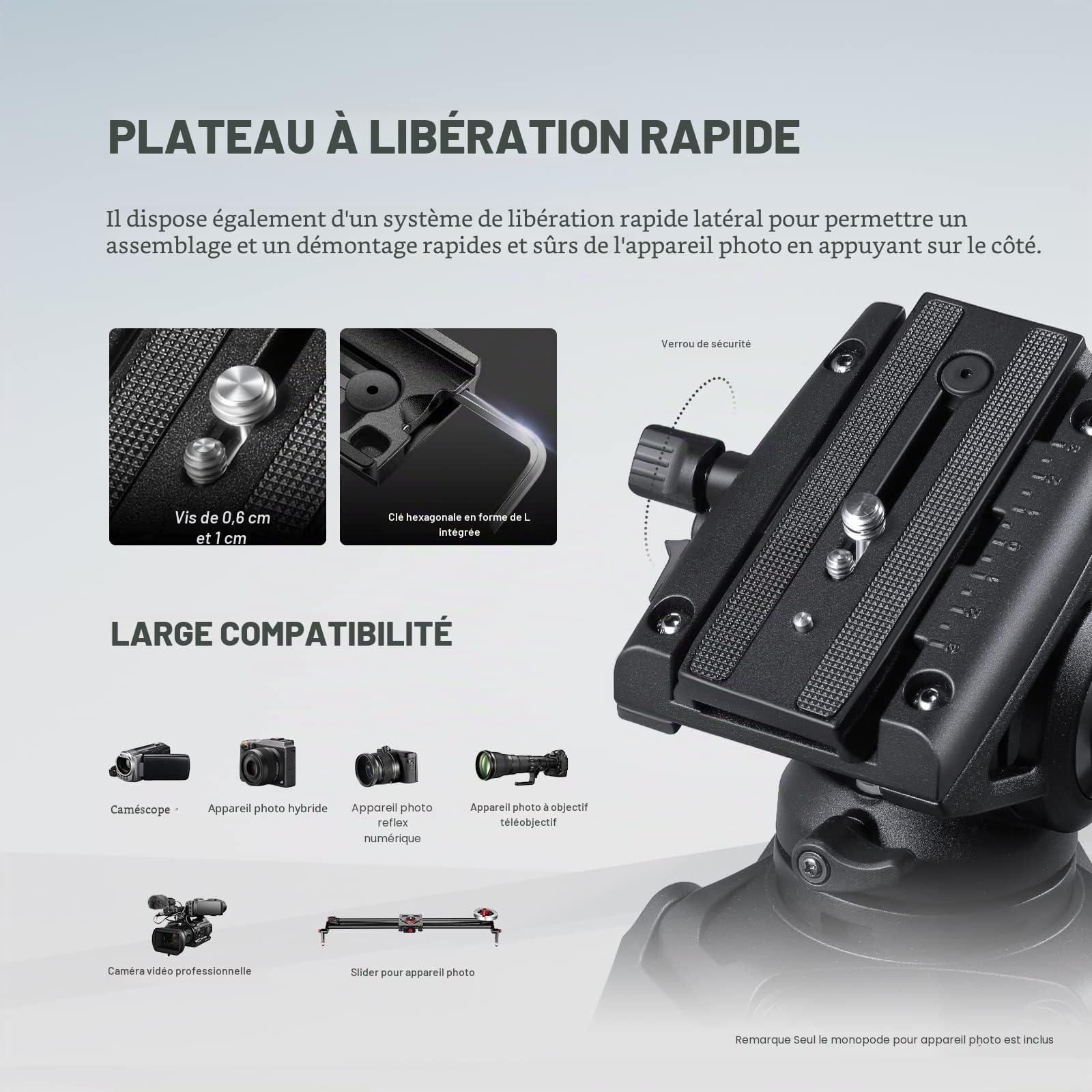 NEEWER GM76 Monopode professionnel pour appareil photo avec pieds, télescopique, portable, en aluminium, tête fluide, inclinable, pied amovible, pour appareil photo reflex numérique, charge maximale 6