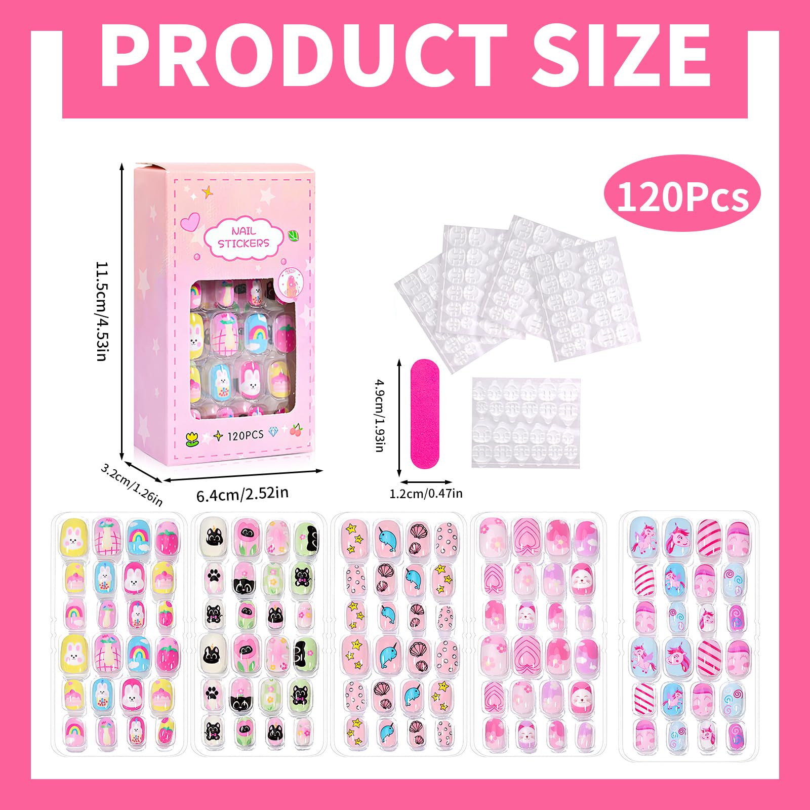120PCS Stick on Nails False Nails for Girls Cute Pink Fake Nails for Girl Short Press on Nails with Stickers Full Cover Fingernail Lovely Gift for Girls Nails Art Decoration (Style2) - Image 2