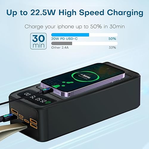 Miniatura 3 de Banco de energía solar, 50000 mAh, 22.5 W, USB C, cargador portátil para portátil con 3 salidas y 4 entradas, linterna LED, batería de carga rápida