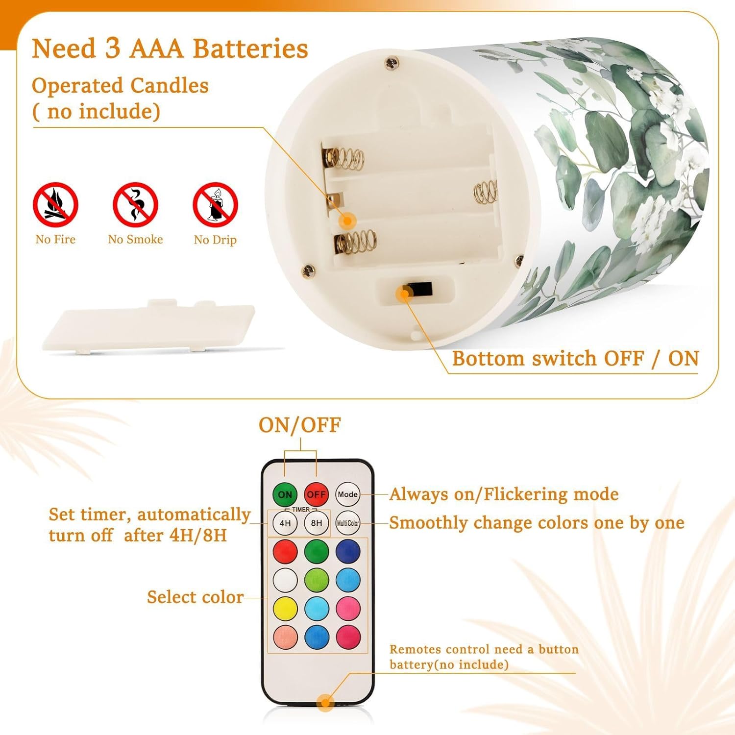 Watercolor Leaf and Flower Pattern Flameless Candles Color Changing LED Candles with Remote Control Battery Candles for Outdoor and Indoor Home and Room Decoration, 3'' x 4''/5'' Set of 2 Pieces