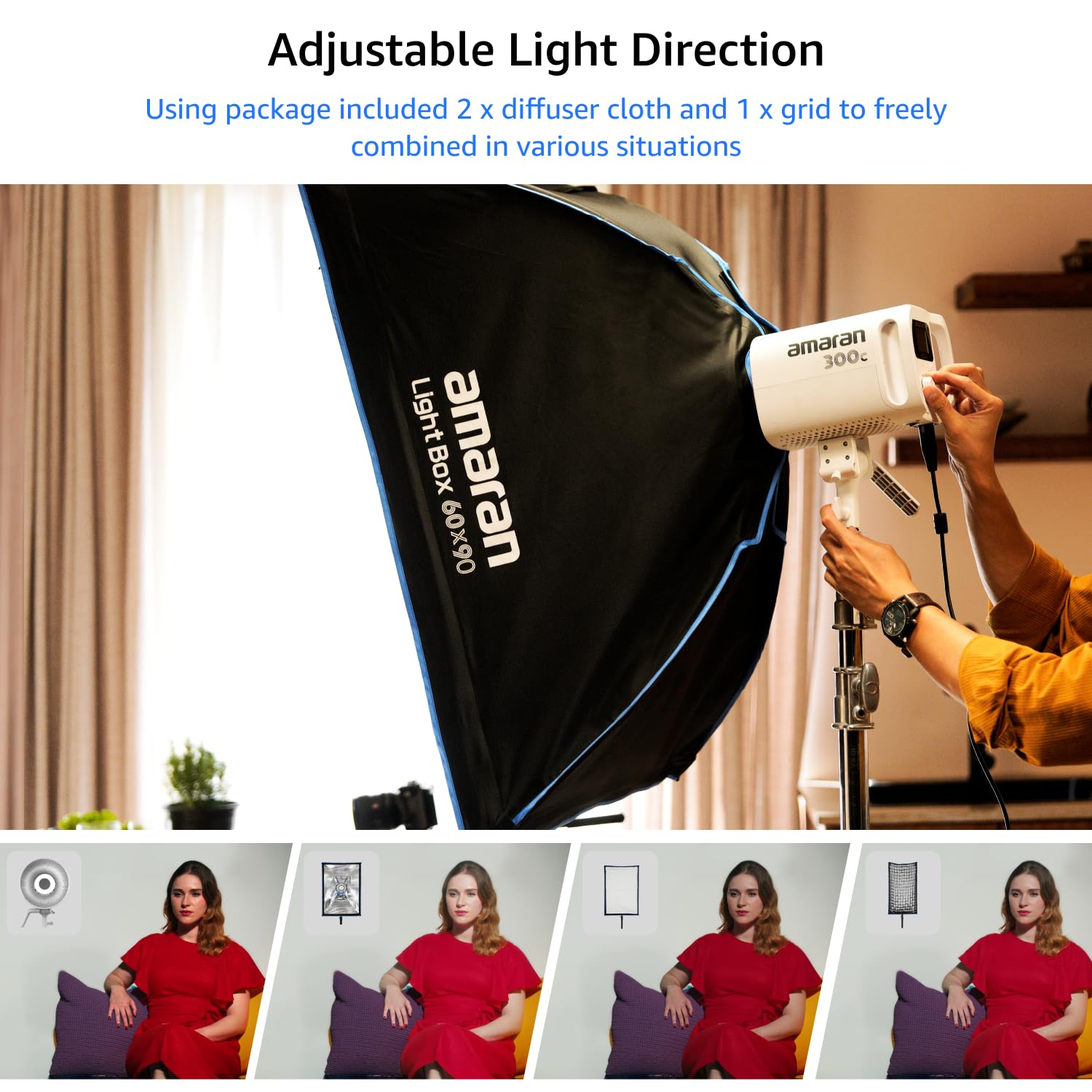 Amaran Light Box 60x90 Faltbare Bowens Mount Softbox, EIN-Snap-Setup rechteckiger Lichtformer mit Diffusion & Wabe für Porträt- & Produktfotografie, Tragbar mit Tragetasche