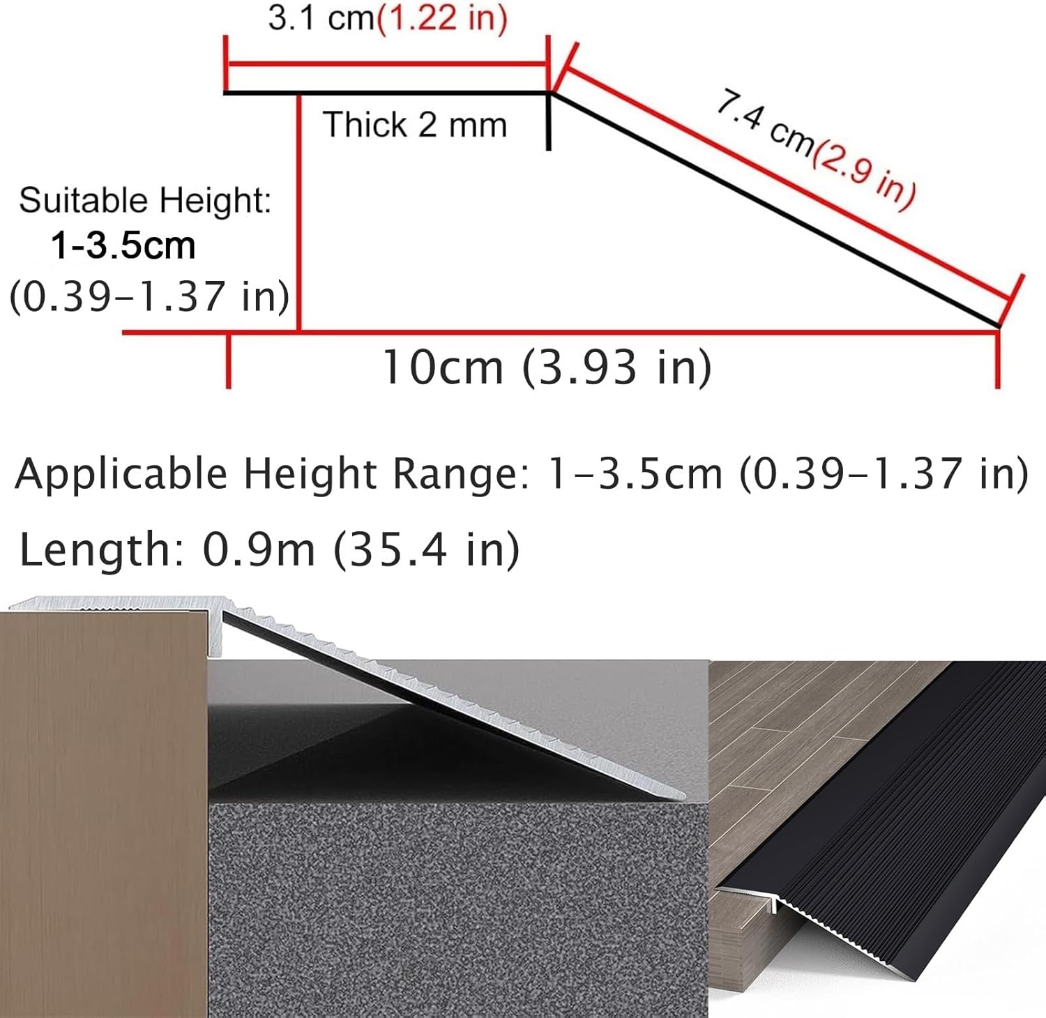 Floor Transition Strip,door threshold strip, Porches Aluminum Floor Transition Threshold Strip, Carpet Edge Trim Metal Threshold Ramp, for Range of Floor Height Differences 0.39-1.37 Inch（1-3.5 Cm） (