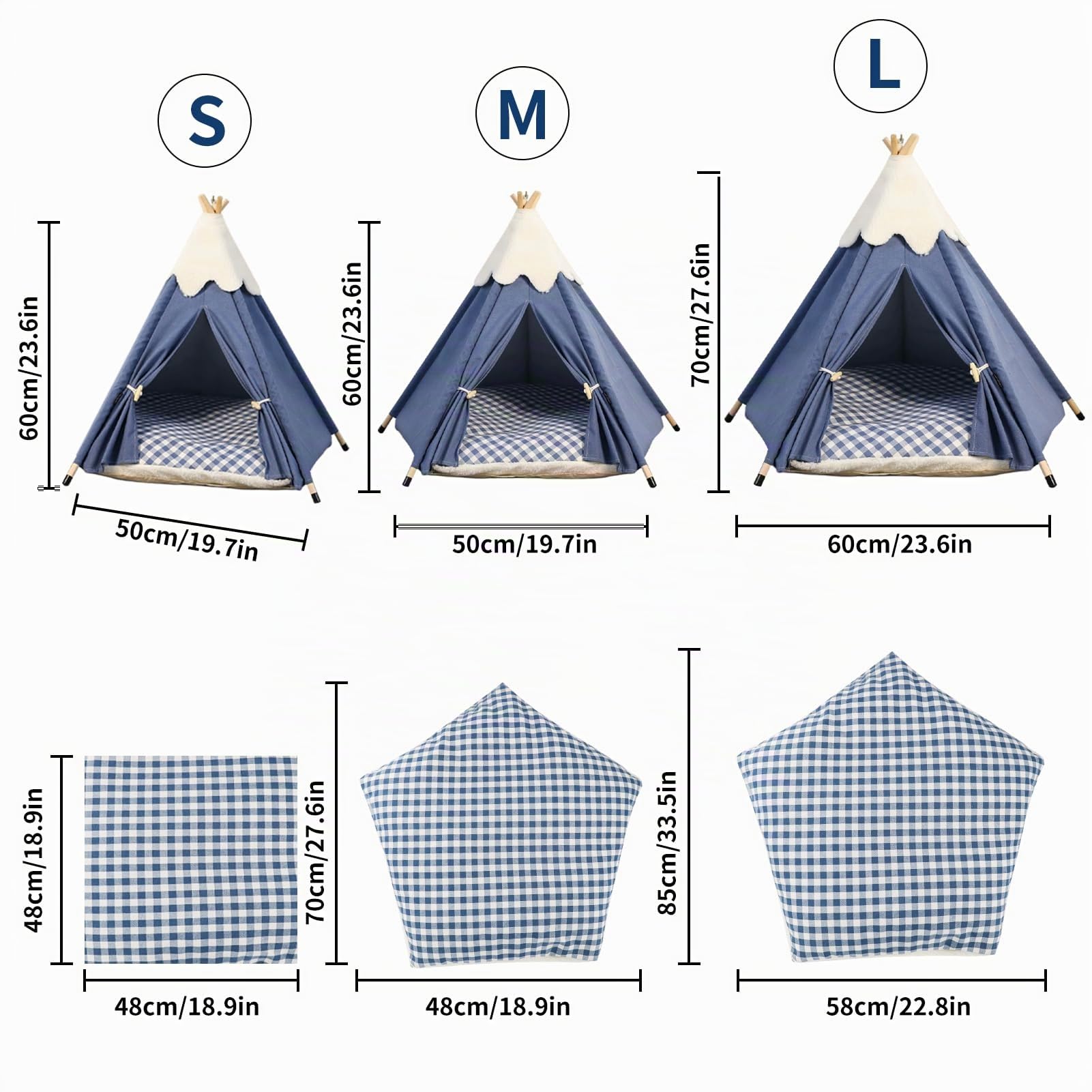GIBZ Tente Tipi pour Animaux de Compagnie avec Coussin Amovible Jolie Maison Chien Lavable Antidérapant Lit Chat pour Intérieur, Bleu Marine, M