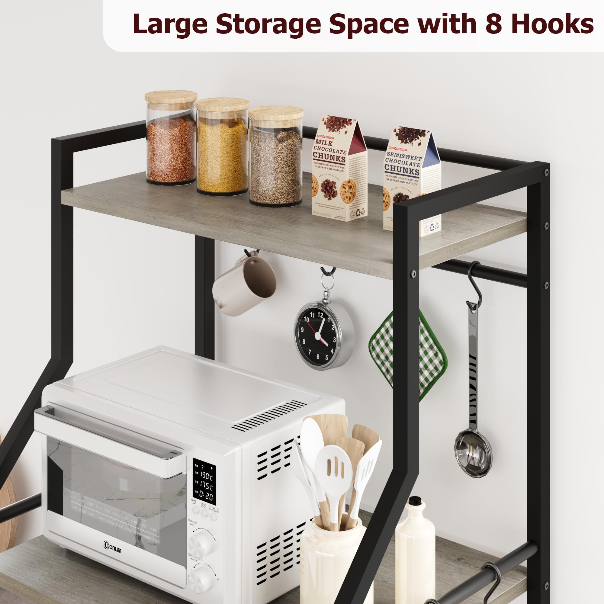 Garvee Estante de cocina de 5 niveles con soporte para microondas, incluye 2 cestas de alambre grandes, 8 ganchos y estantes de almacenamiento industriales para barra de café, perfecto para cocina o