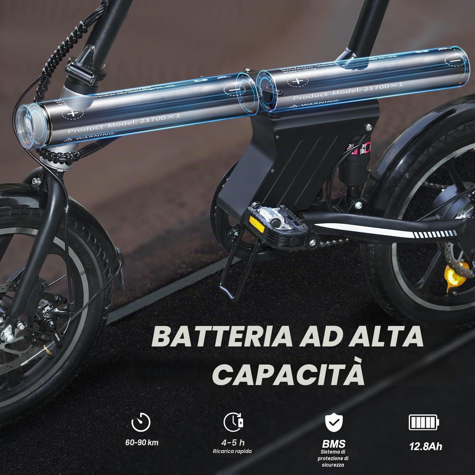 E-Bike 16" Pieghevole, Batteria Integrata, 25 km/h, LCD, Adulti
