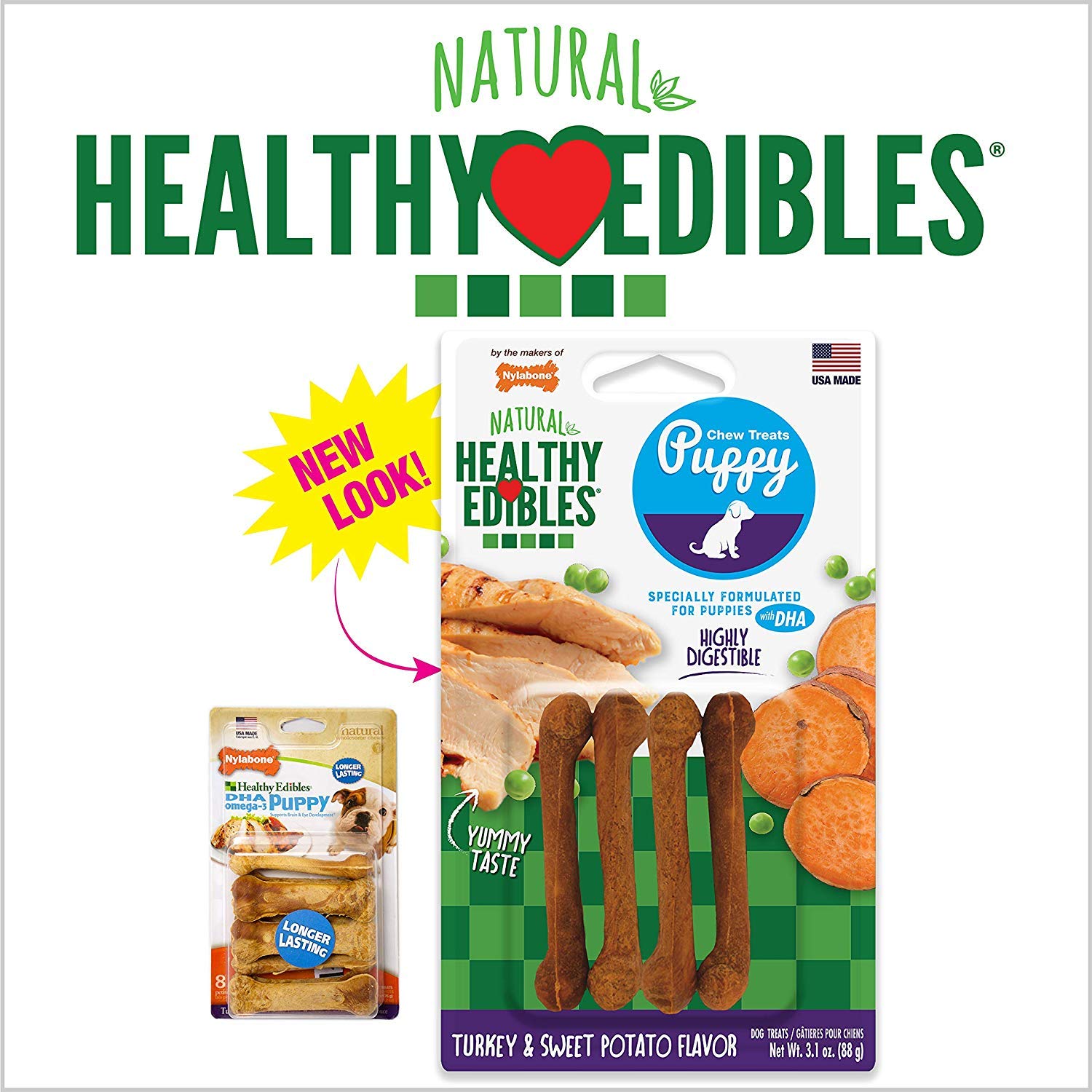Nylabone Healthy Edibles Puppy Sweet Potato and Turkey 4 Bones Petite - 6 Pack