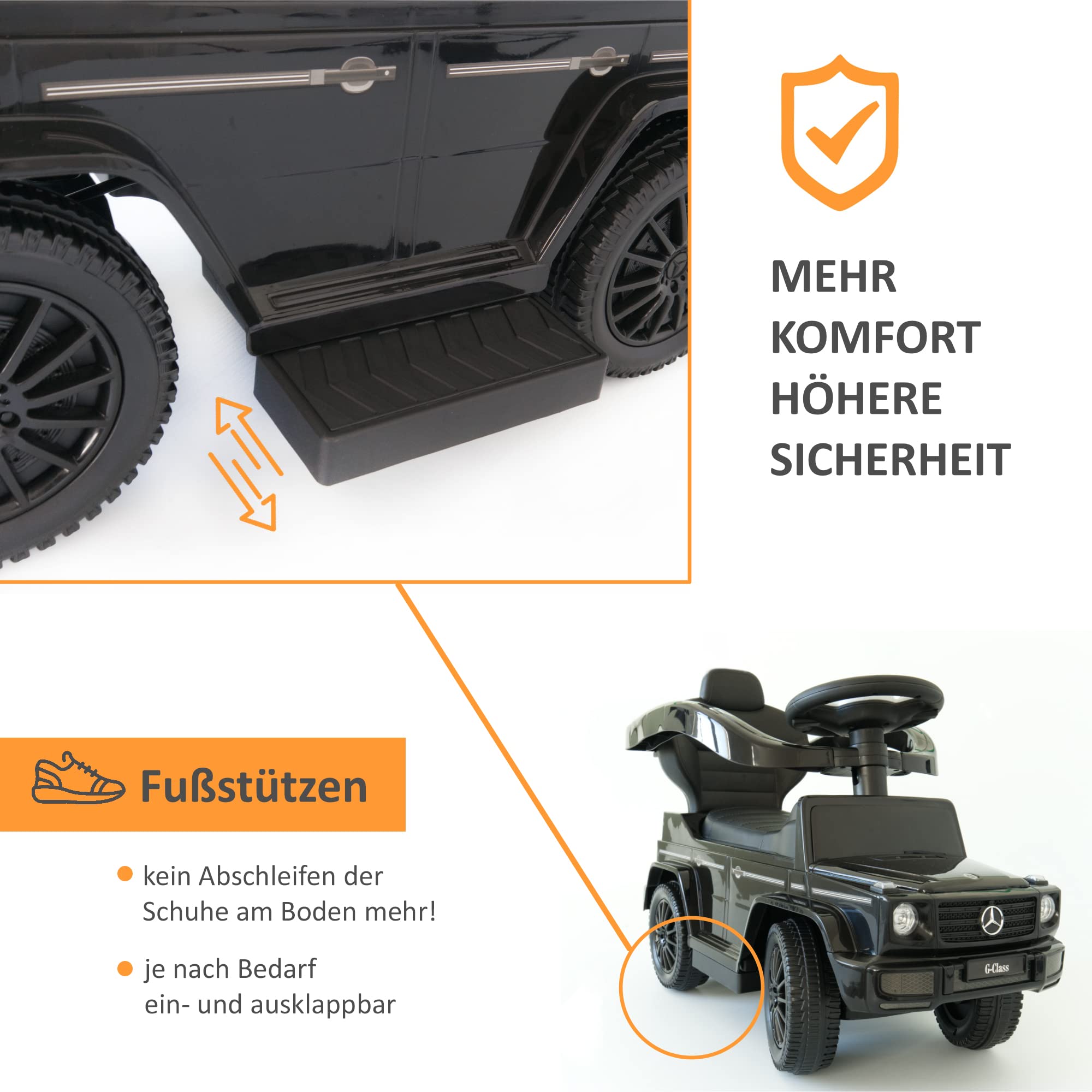 Lemodo Rutschauto mit Schiebestange ab 1 Jahr, Mercedes G350d Rutscherauto mit Sicherheitsbügel, Fußablage, Kippschutz, Sound-Lenkrad & Stauraum, Kinderfahrzeug für drinnen und draußen bis 25 kg