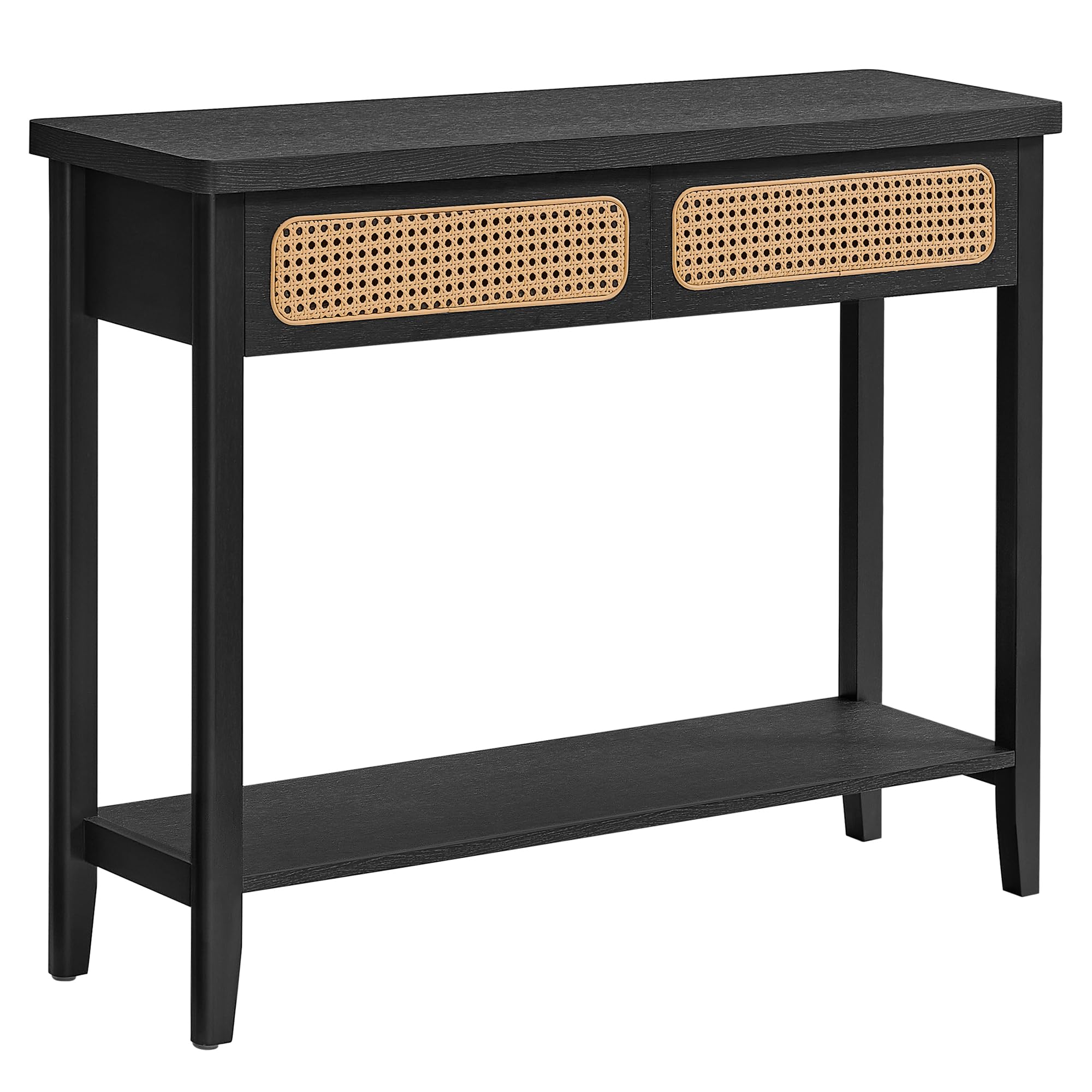 VASAGLE stolik konsolowy do przedpokoju, mebel przedpokojowy, wąski stolik sofa do salonu, z 2 szufladami, otwarta półka, zaokrąglone rogi, styl Boho, jesion czarny, LNT016B21