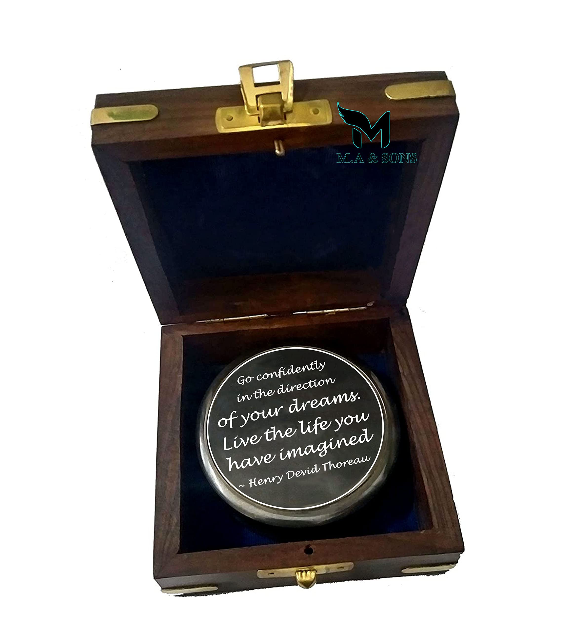M.A & SONS Personalized Brass Compass Go Confidently in The Direction Quote, with Wooden Box 3