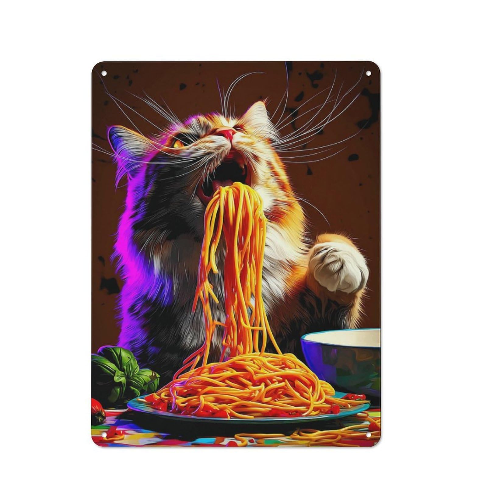 Junmoney Cat Devouring Spaghetti A Whimsical Feast! Rustic Metal Wall Sign 40X30cm For Living Room Wall, For Kitchen, Dining Room And Home Bar Wall Decor