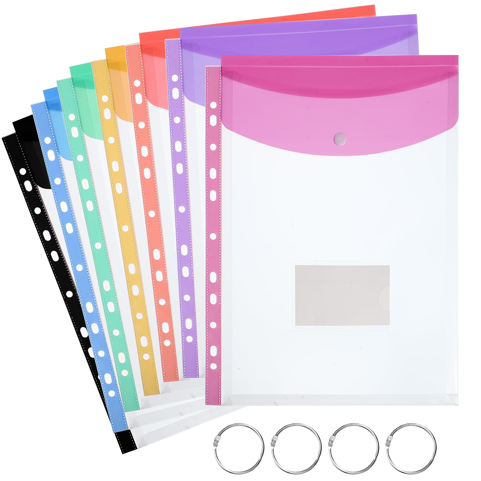 14 Pack A4 Punched Pockets Plastic Wallets, Expandable Plastic Folders Plastic Document Files with Button,Tab Card, and 4 Binders for School, Office, Home, Travel（7 Colors）