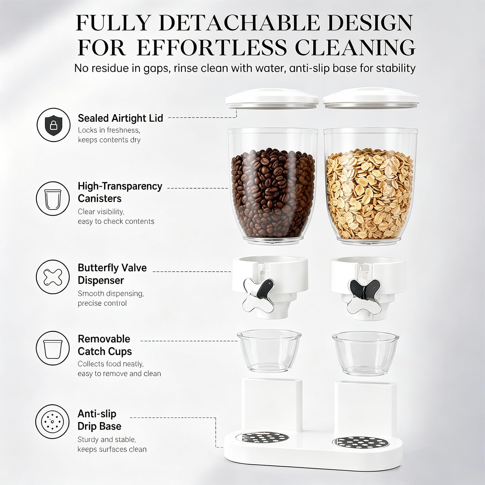 Dispenser per cereali da 2 l, contenitore ermetico per cereali, riso, cereali, caramelle, chicchi di caffè, 29 x 35 x 16 cm, dispenser per cereali e dolcificanti (bianco doppio)