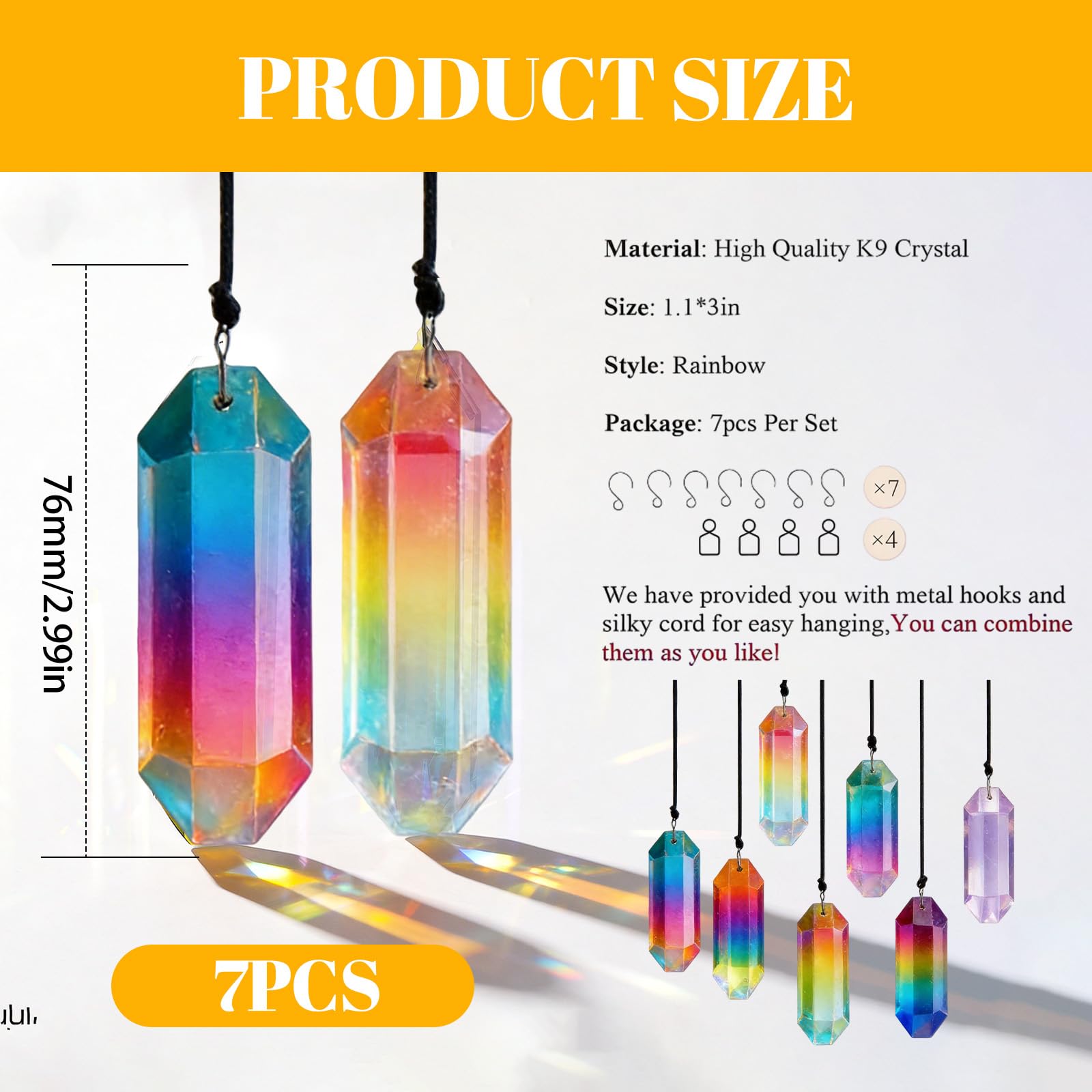 7 pièces Ensemble de Cristal Attrape-Soleil, Cristal de Verre de 76 mm à Suspendre, Prisme Suncatcher Arc-en-Ciel, décoration de fenêtre à Suspendre pour décoration de Balcon de