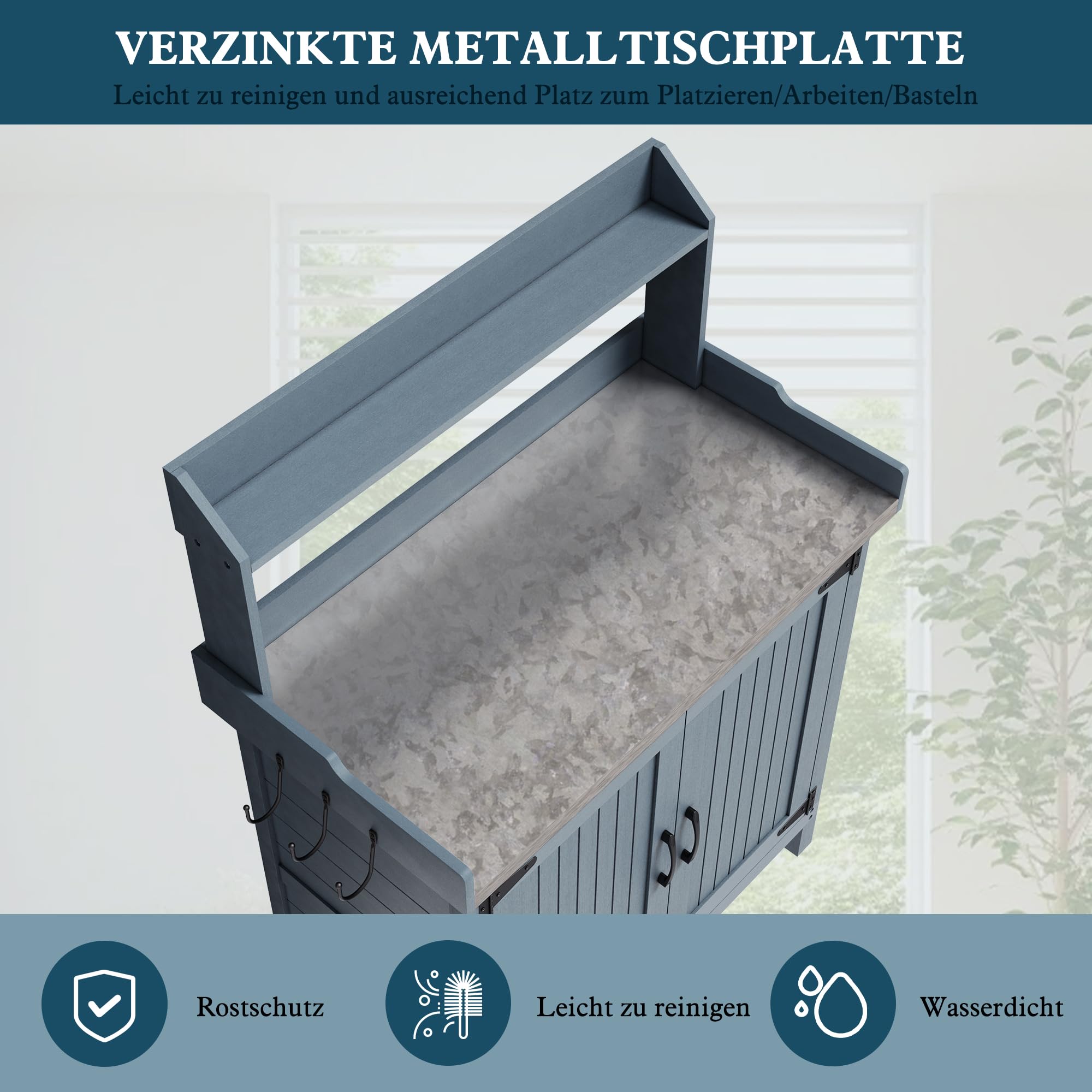 HOLTICO Outdoor Pflanztisch, Massivholz Gartenpflanztisch mit Metall-Arbeitsplatte und Stauraum, Gartenarbeitstisch mit Stauraum, Pflanz-Arbeitstisch für Garten, Terrasse, Hinterhof, Blau
