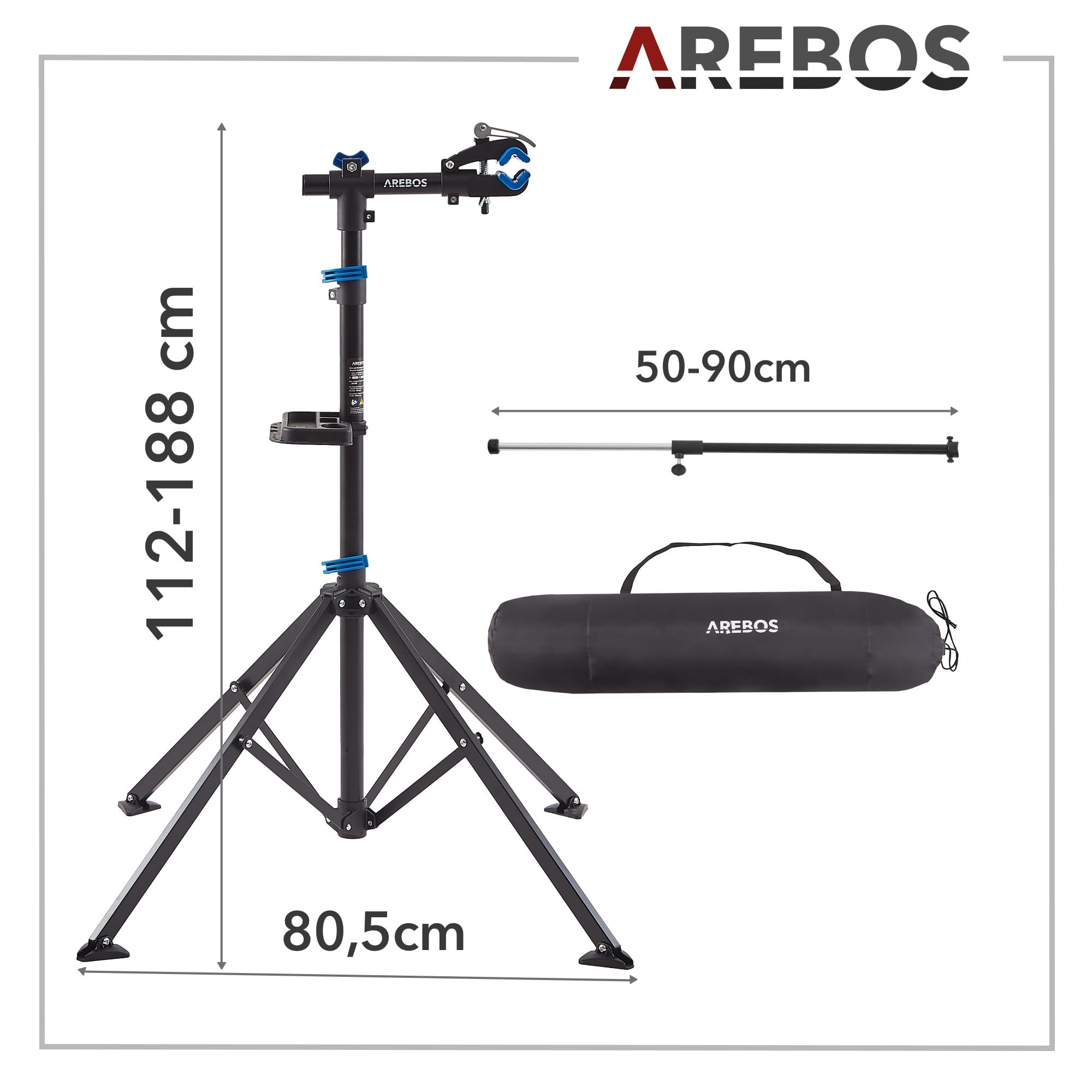 Arebos Fahrrad-Montageständer mit Tasche, 360° drehbar, für Mountainbike, E-Bike und Citybike, mit Schnellspannvorrichtung, Profi-Reparaturständer Schwarz/Blau