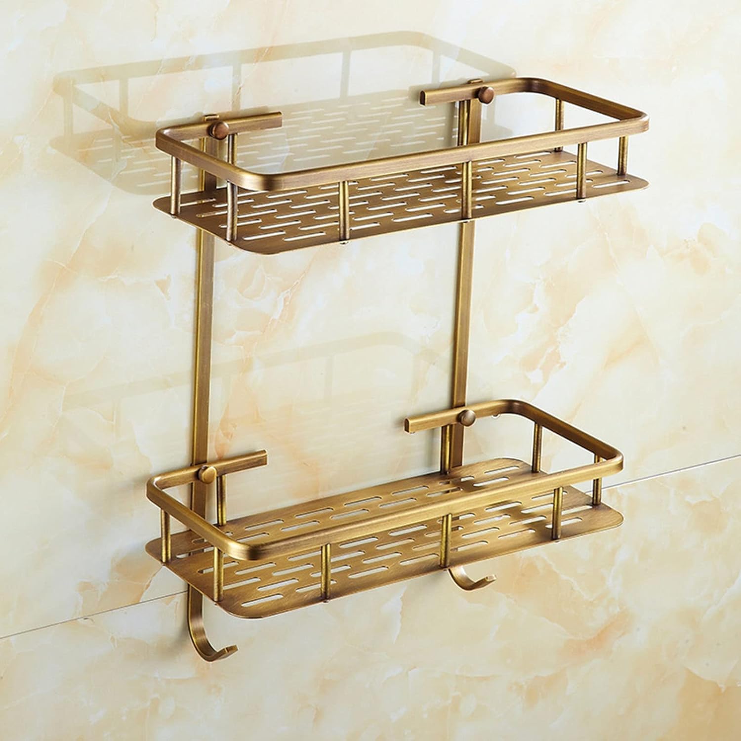 Toilet Washstand Bathroom Corner Rack, Solid Brass Bathroom Shower Shelf, Wall Mounted Rustproof Copper Rectangle Storage Basket, Shower Caddy Rectangle Organiser Holder(Size:Double layer)