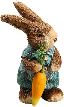 Moiitee Easter Standing Rabbits Figurines Ornament Easter Standing Bunny Figurines Hand Woven Cute Bunny Collectibles Statues Animal Decor Ornament Table Centerpiece Home Decor Blue with Carrot